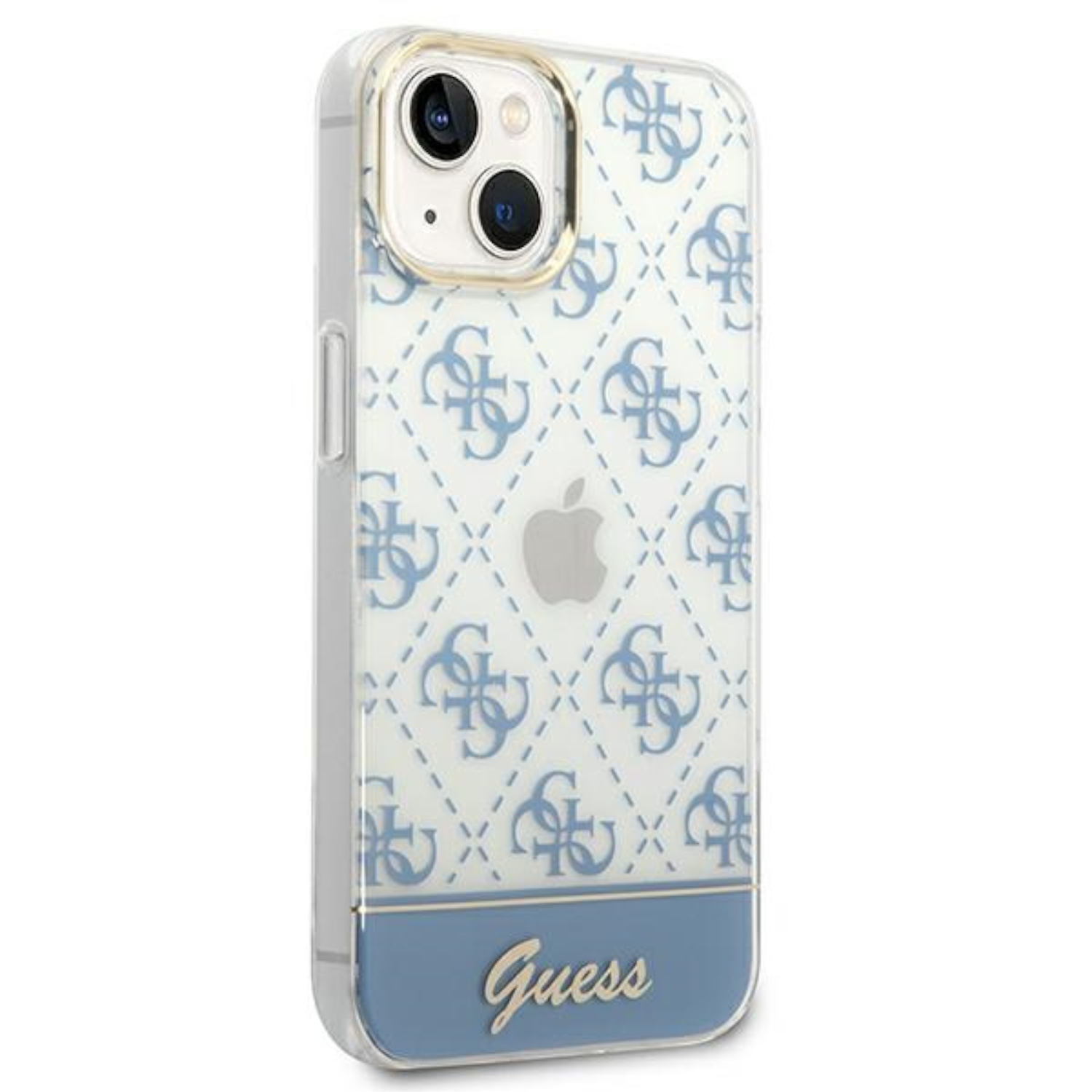 Custodia per telefono con motivo bianco e blu e la parola "Guess" in basso.