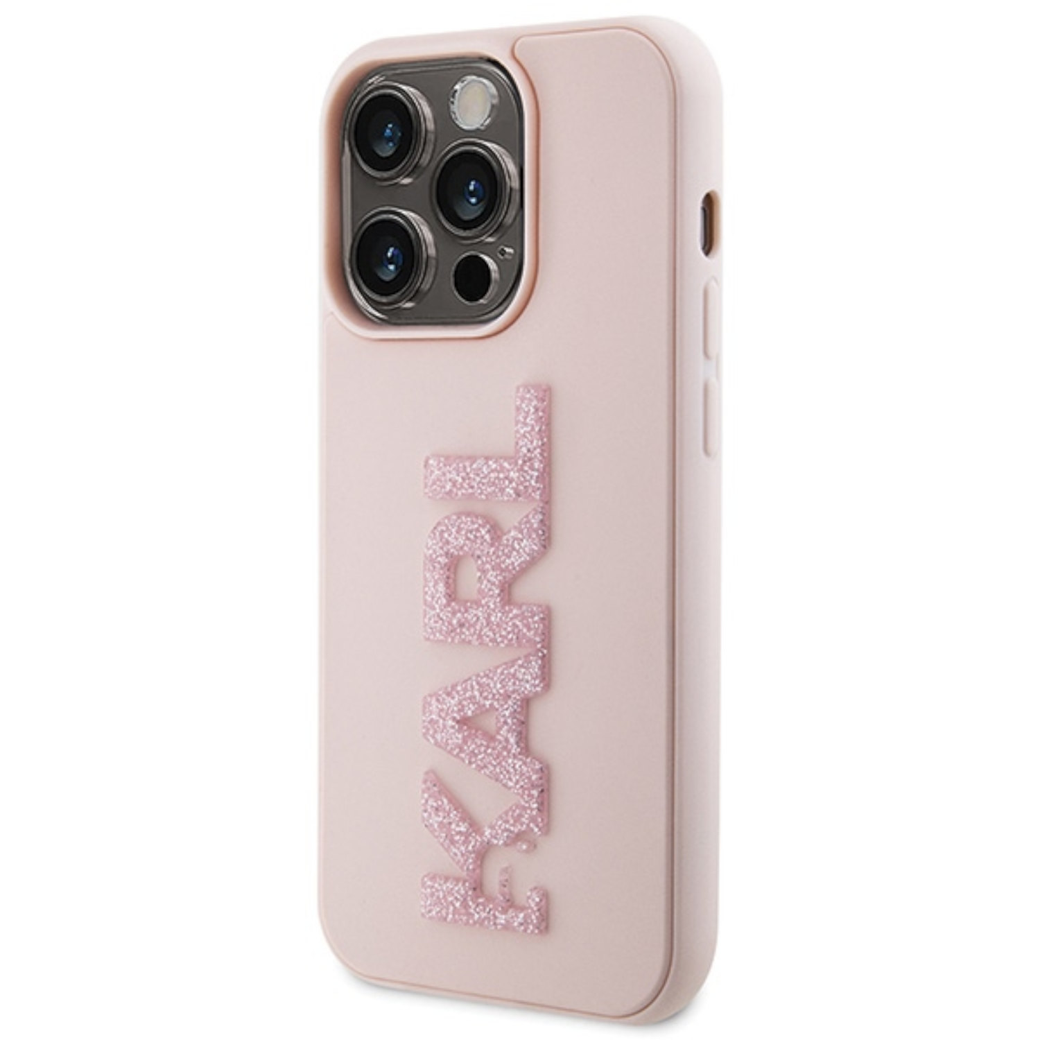 Custodia rosa per iPhone con logo Karl in glitter, vista laterale che mostra la fotocamera.