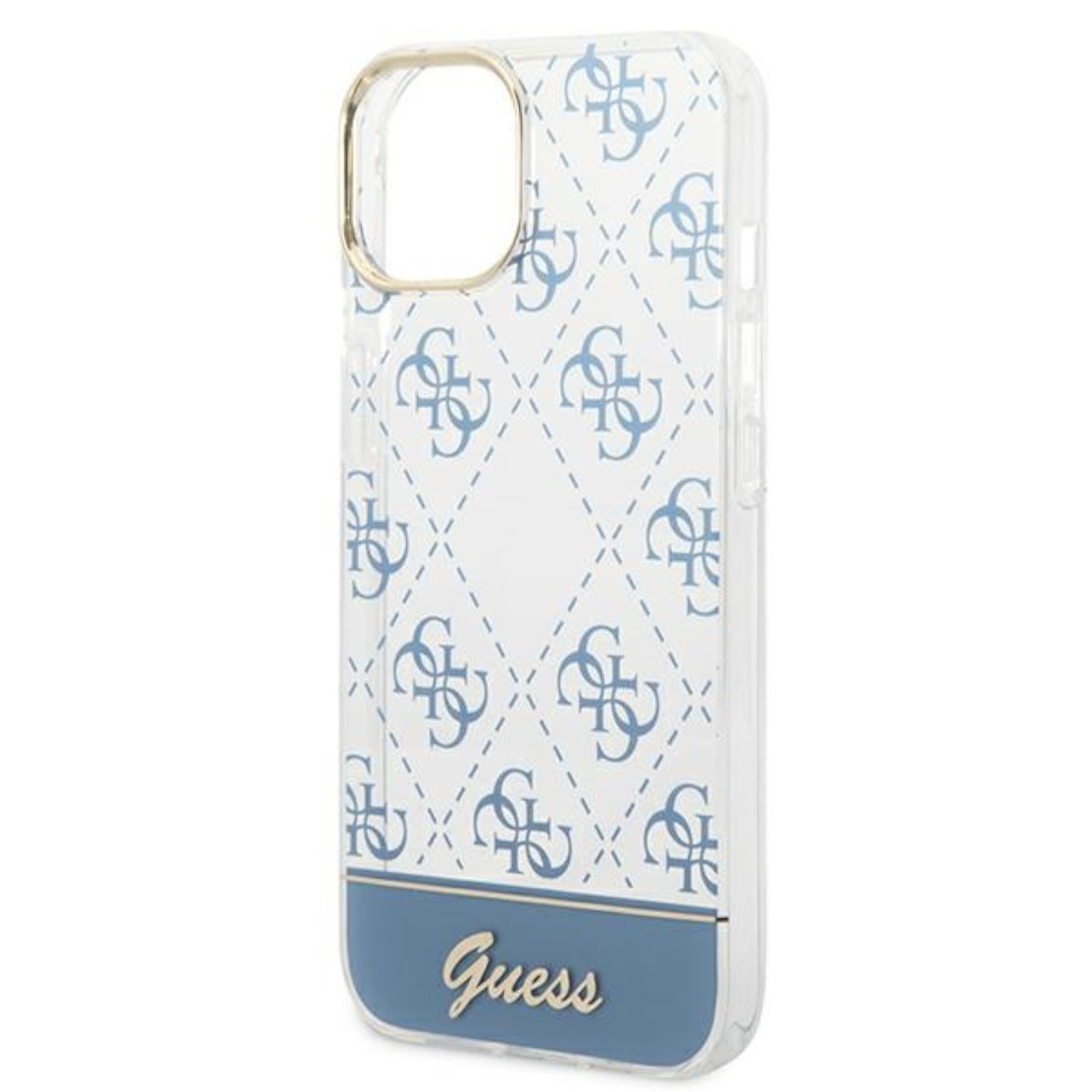 Custodia per telefono con un motivo bianco e blu e la parola "Guess" in basso.
