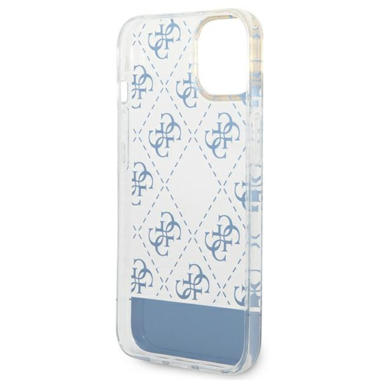 Custodia trasparente per telefono con logo Guess e motivo blu, che mostra il lato del telefono.