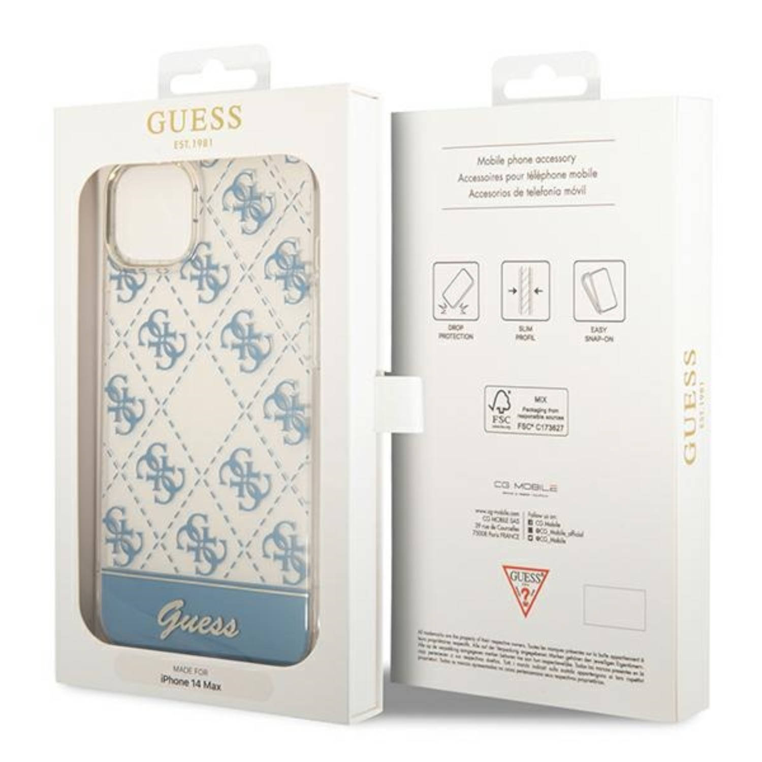 Custodia bianca per telefono con logo Guess e motivo blu in una scatola aperta.