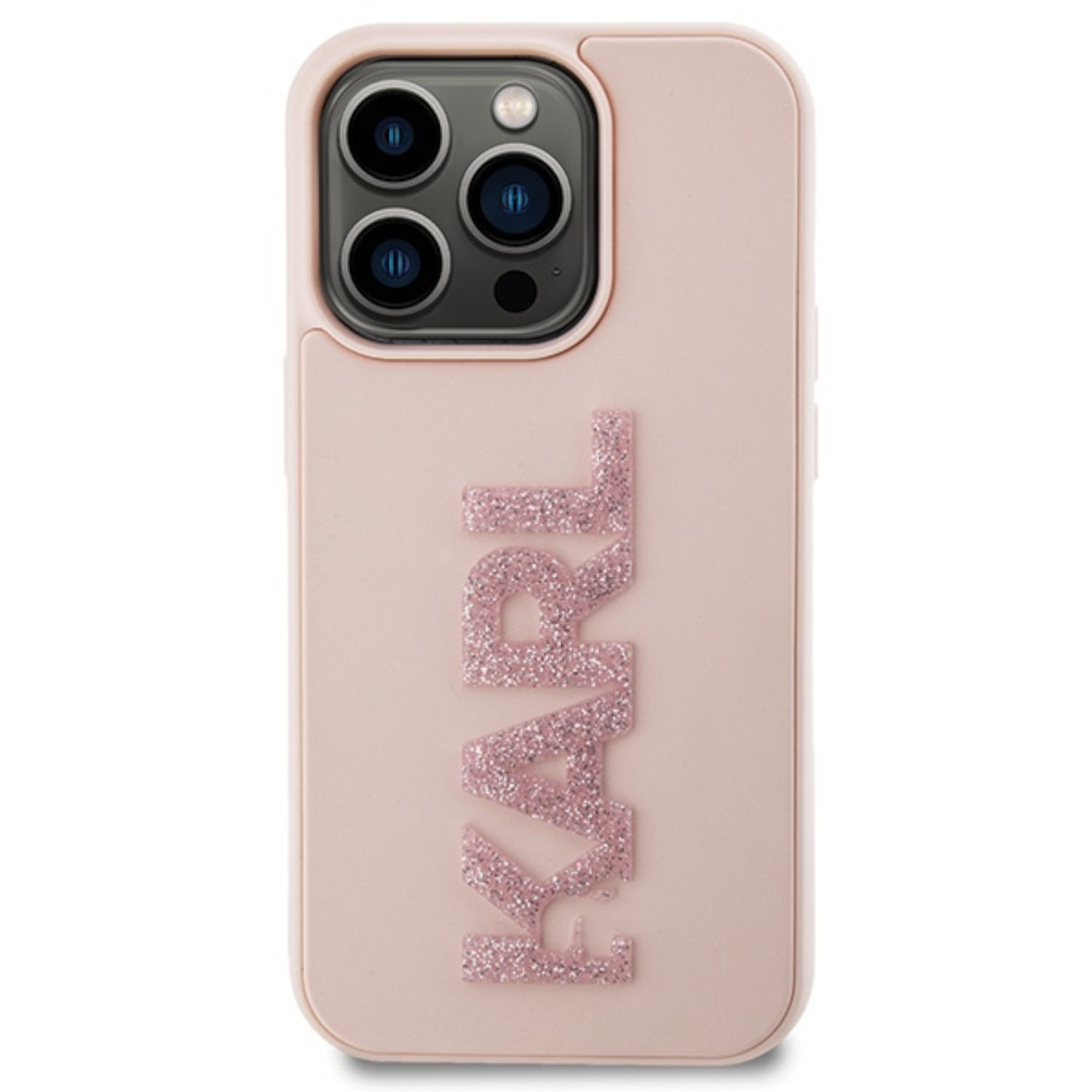 Custodia rosa per telefono con scritta KARL glitterata. Ha un ritaglio per la fotocamera.