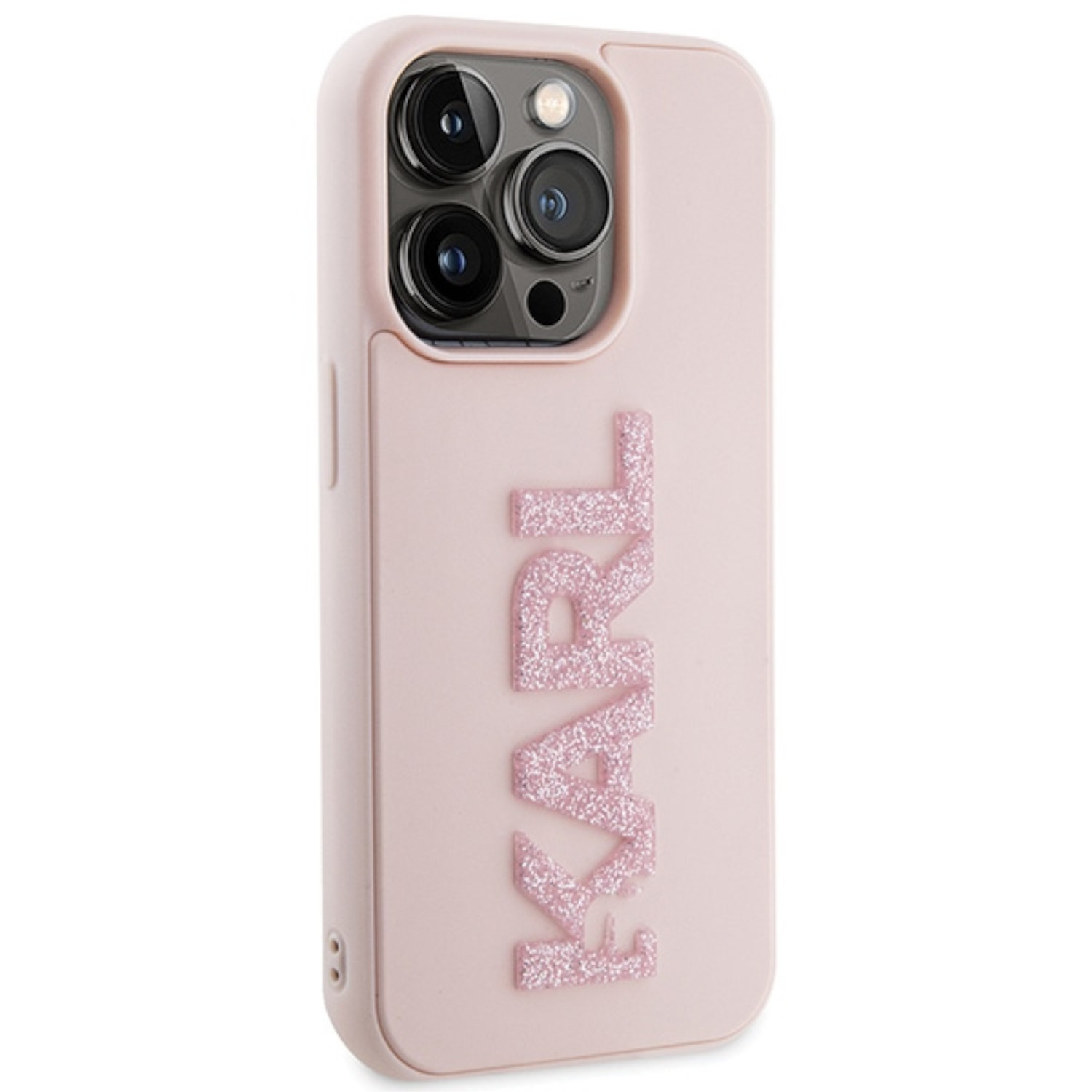 Custodia rosa per telefono con scritta KARL glitterata. Ha un ritaglio per la fotocamera.