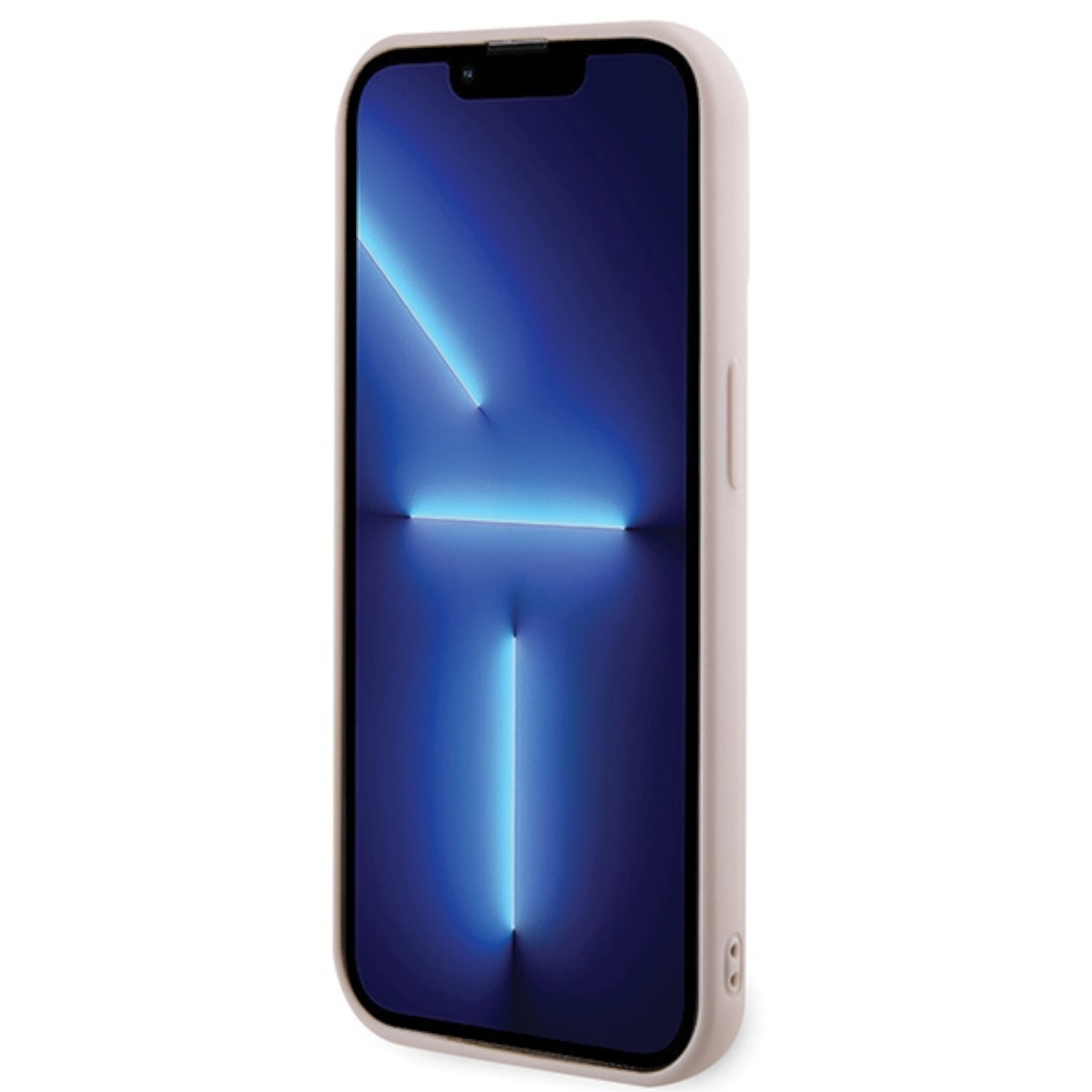 Telefono rosa in una custodia, che mostra uno schermo blu e bianco.