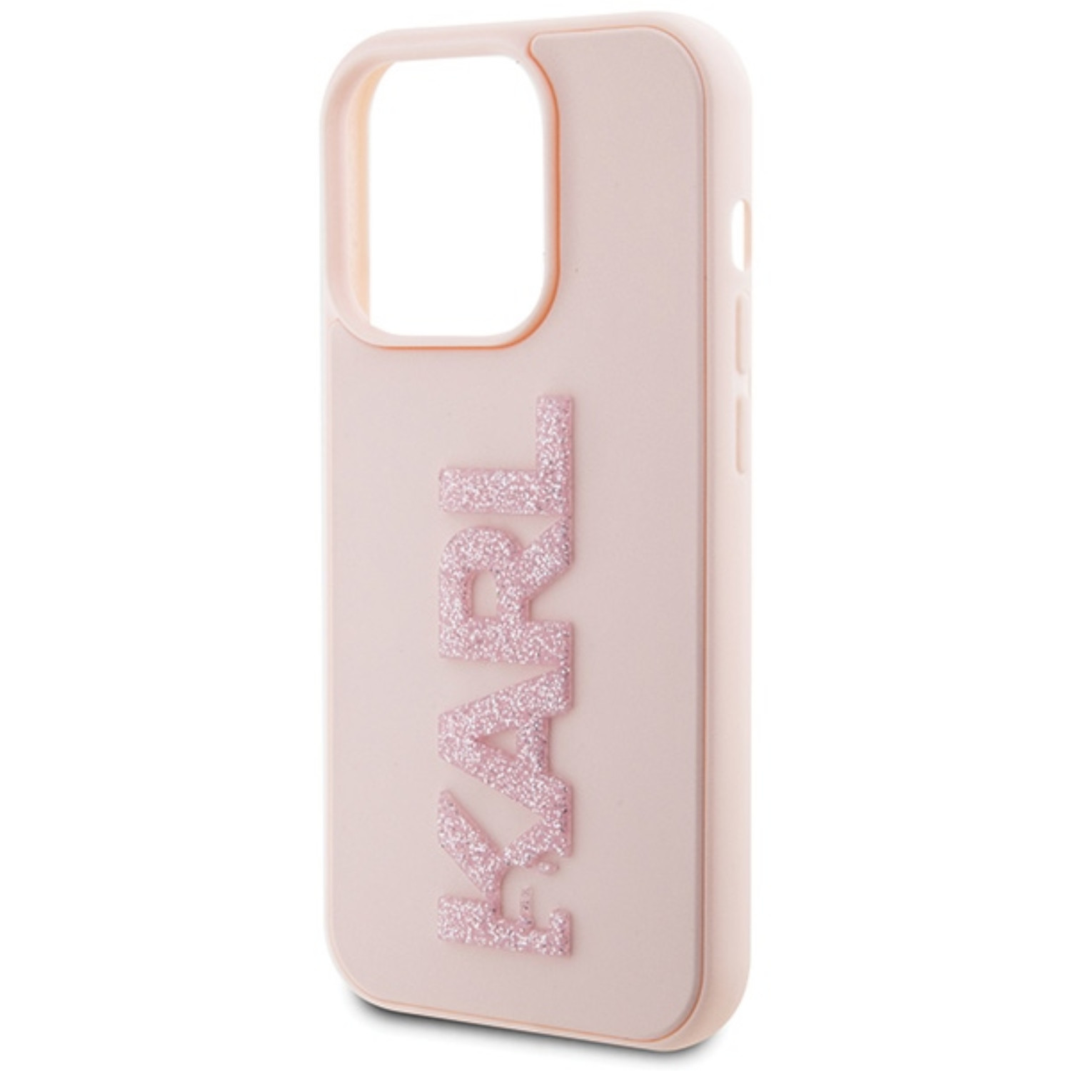Custodia rosa per telefono con la parola KARL in lettere glitterate sul lato.