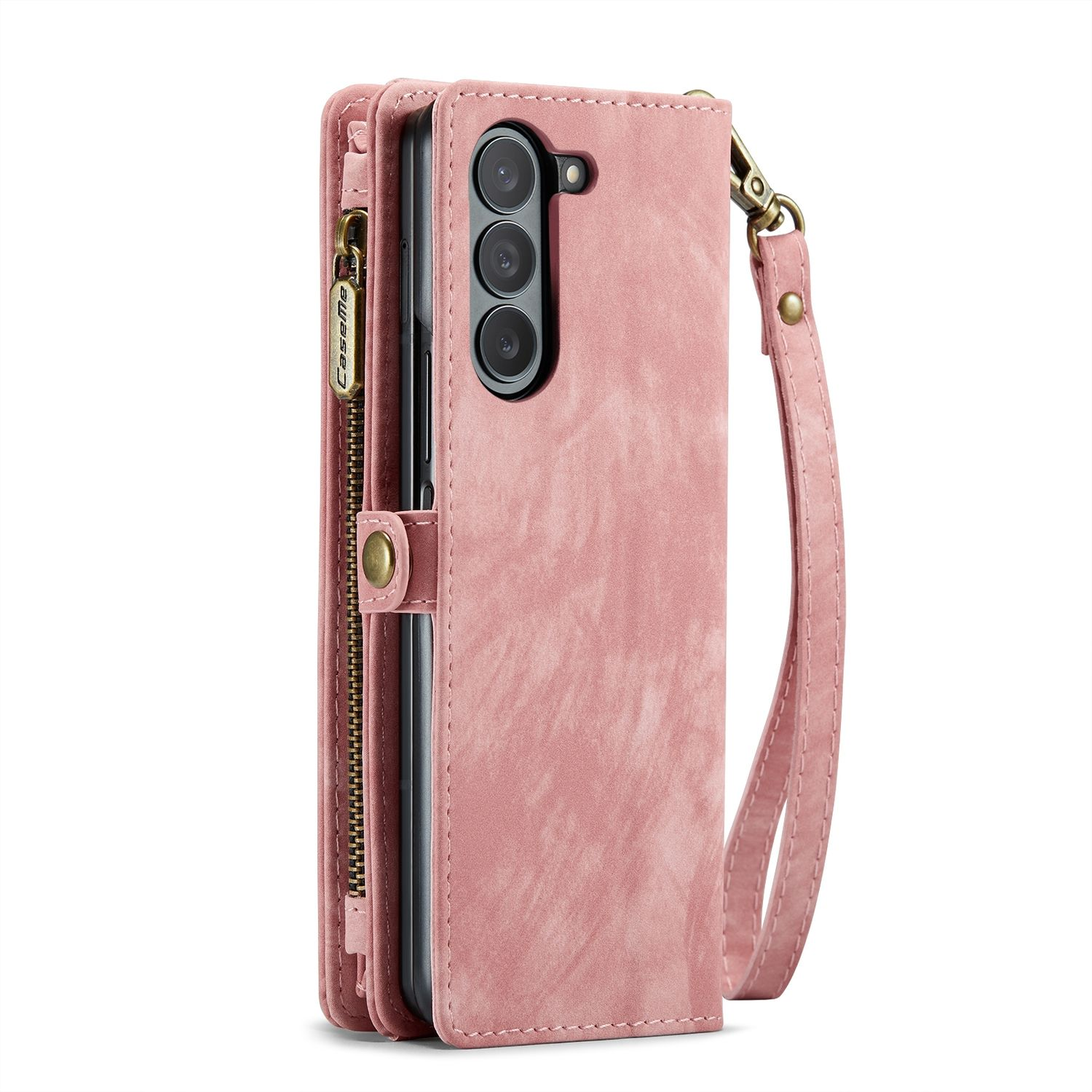 Geöffnete rosa Brieftasche für das Telefon, die ein Telefon, Karten und eine Reißverschlusstasche zeigt.