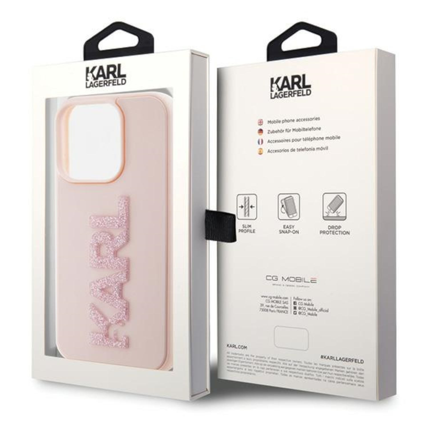 Custodia per telefono nella confezione. Ha un design rosa con glitter e la parola KARL. Sfondo bianco.