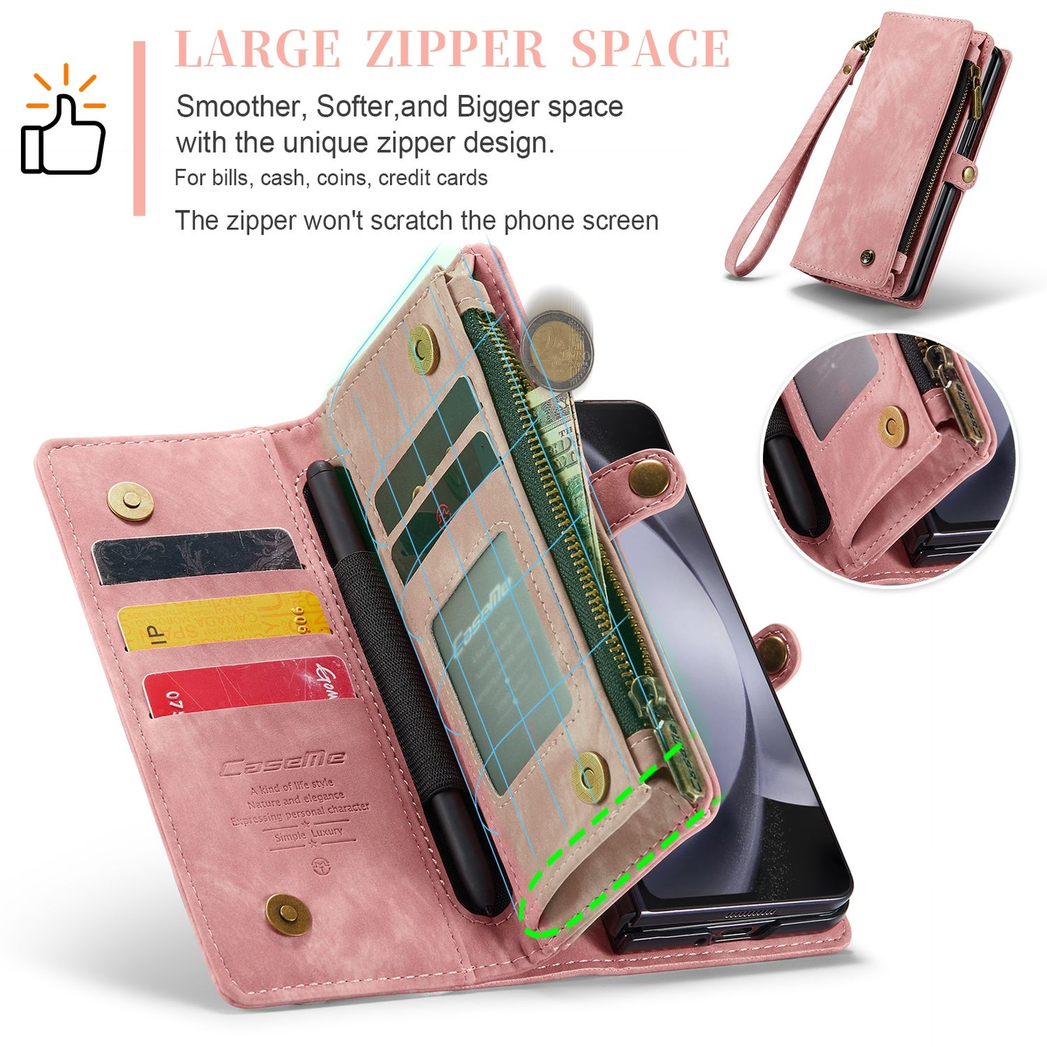 Rosa Brieftasche für das Telefon mit Telefon, Karten, Stift und Reißverschlusstasche, offen.