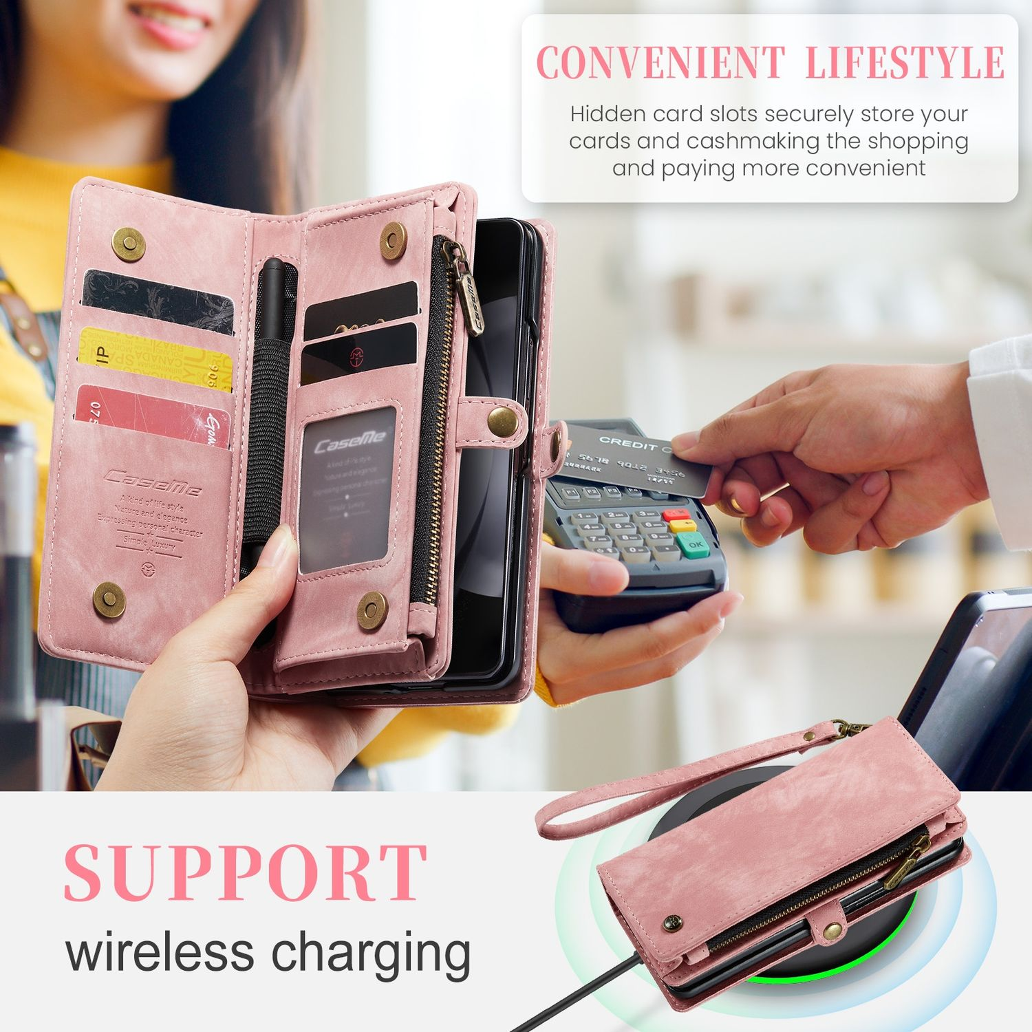 Eine rosa Handy-Brieftasche, die für eine Transaktion verwendet wird. Enthält einen Kartensteckplatz und unterstützt kabelloses Laden.