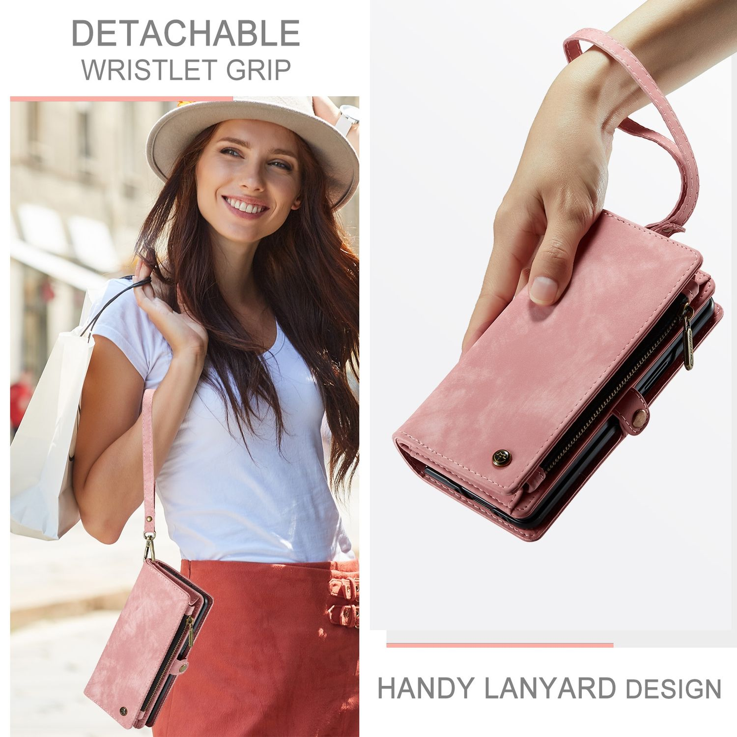 Eine Frau, die eine pinkfarbene Handy-Brieftasche mit abnehmbarem Handgelenkgriff trägt. Verfügt über ein praktisches Schlüsselband-Design.