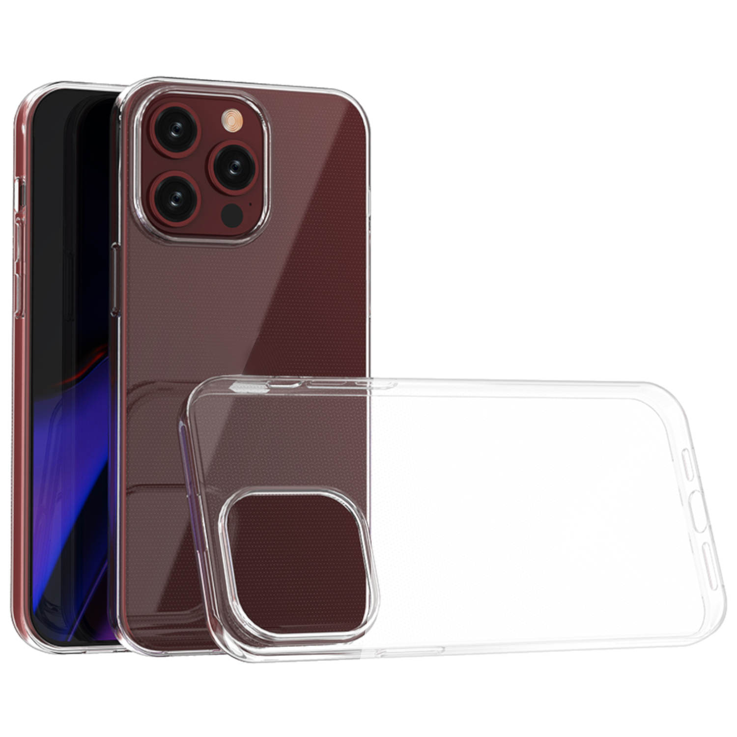 Handyhülle mit transparentem Rücken und bordeauxfarbenem Rand, zeigt ein Telefon darin. Klare Hülle daneben.