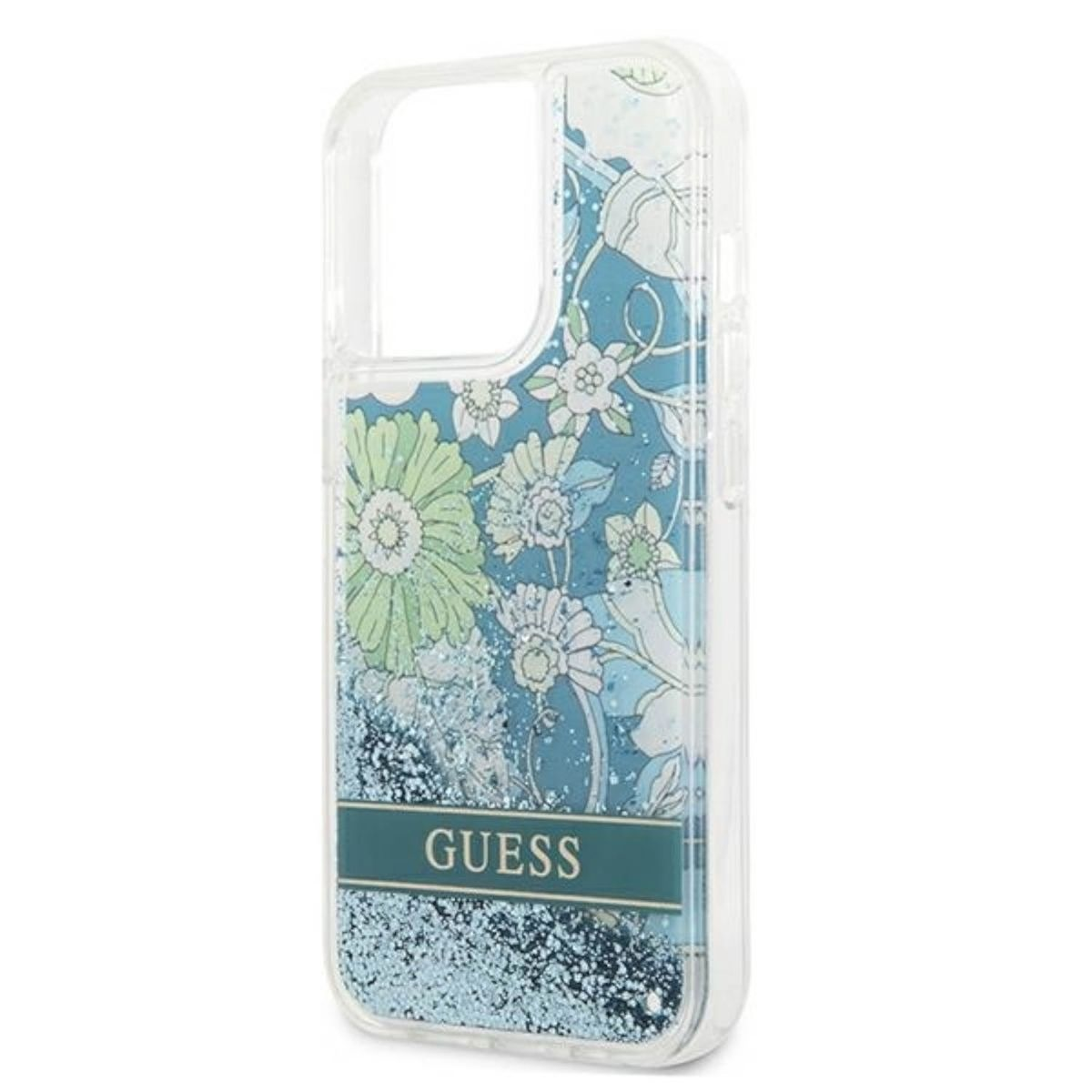 Transparente Handyhülle mit blauem Glitzer und Blumendesign, GUESS-Logo.
