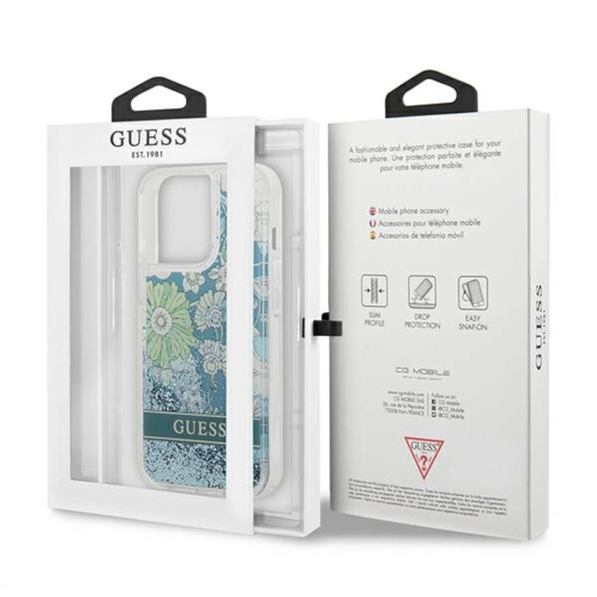 Guess Handyhüllenverpackung. Die Hülle hat ein blaues und grünes Blumendesign.