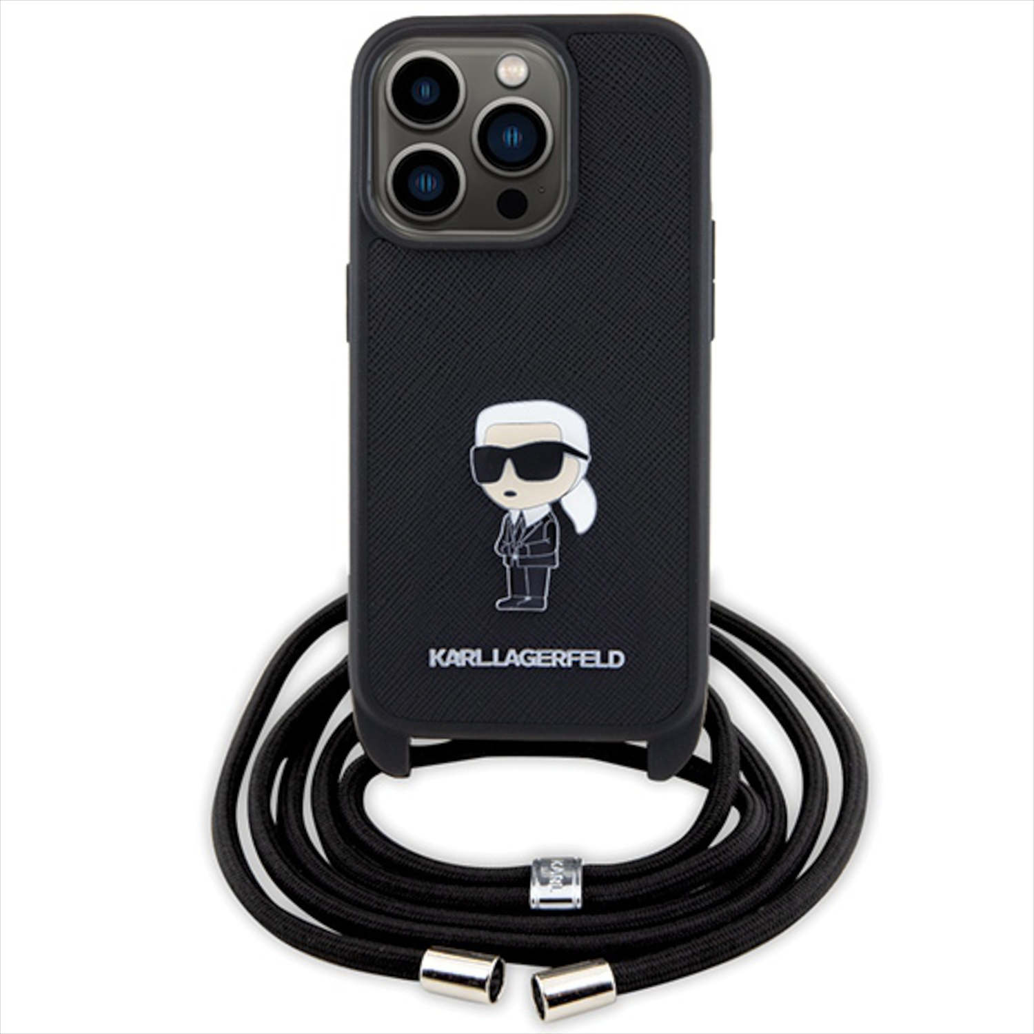 Custodia per telefono nera con personaggio di Karl Lagerfeld e cordino nero attaccato.