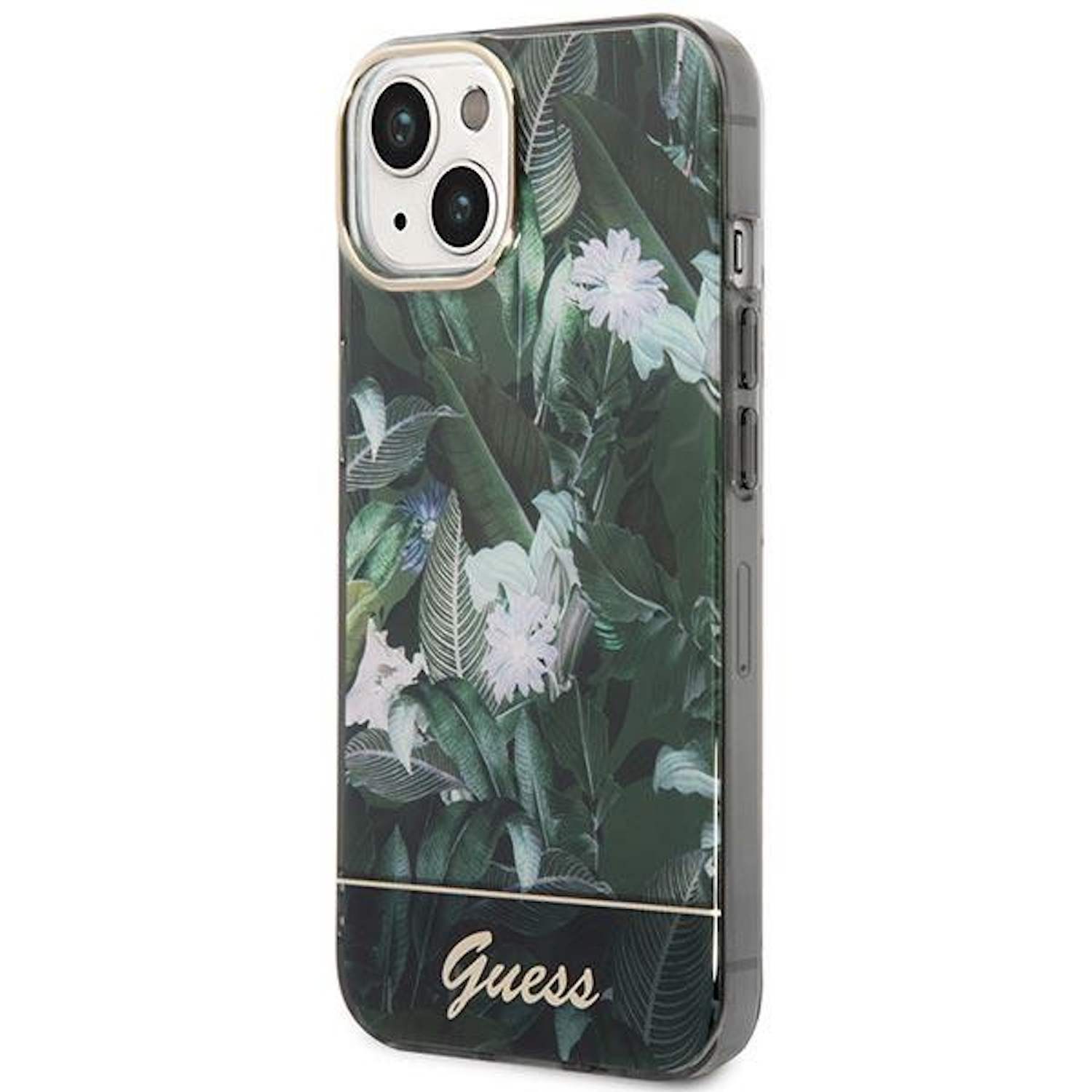 Custodia con design floreale verde. Fiori bianchi, foglie verdi.