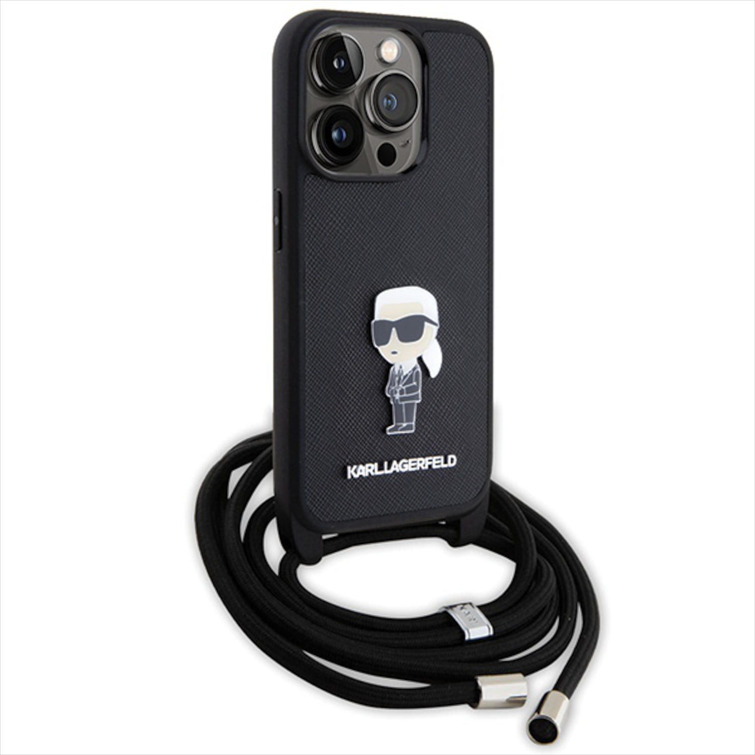 Custodia per telefono nera con figura di Karl Lagerfeld e cinturino. Sfondo bianco.