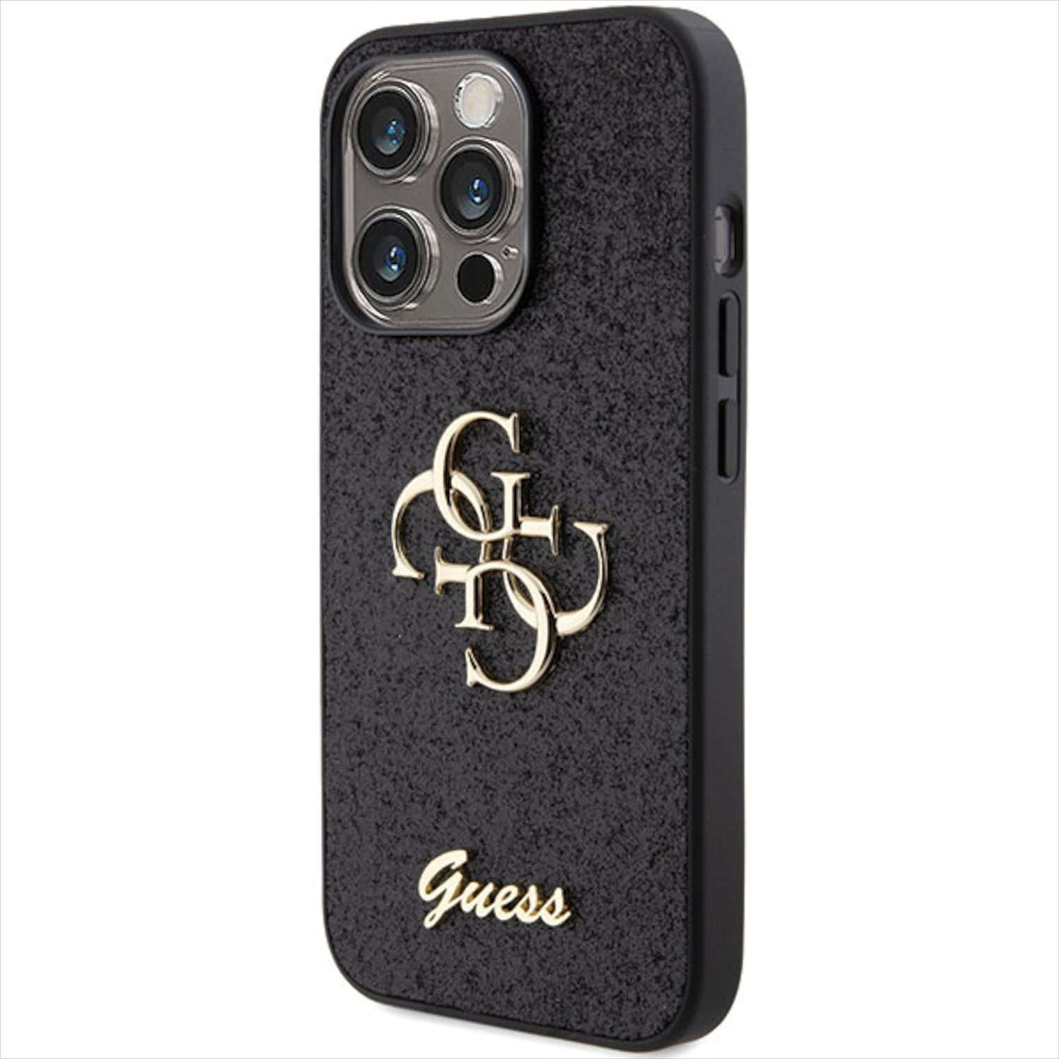 Schwarze Handyhülle mit goldenem Guess-Logo. Schwarze, strukturierte Oberfläche.