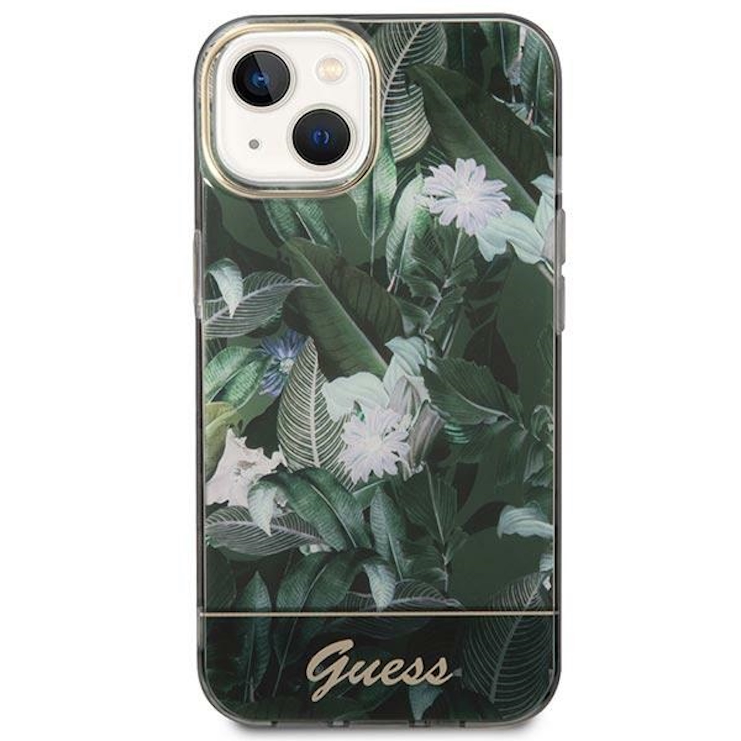 Custodia per telefono floreale verde con marchio Guess.