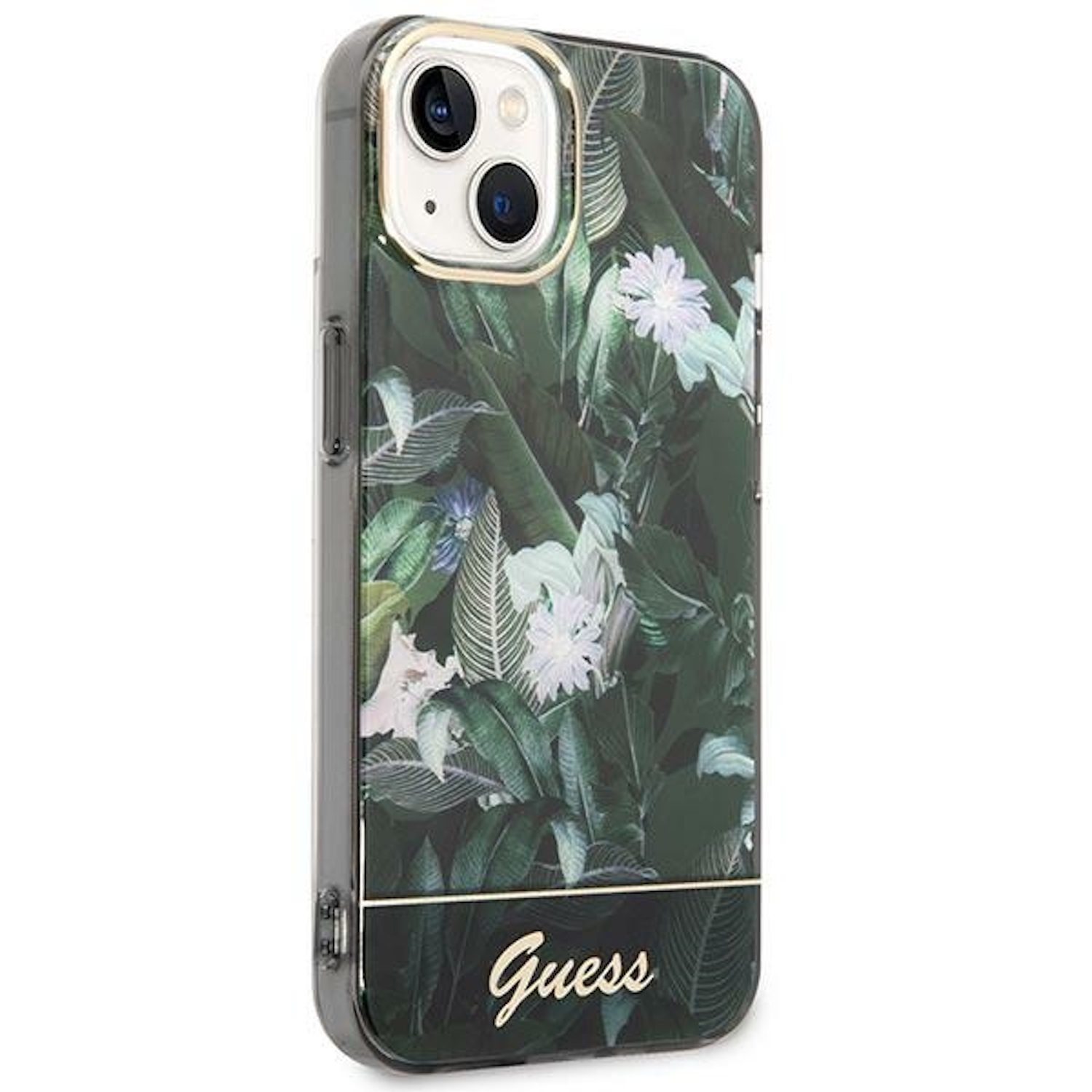 Custodia per telefono con design floreale verde e logo Guess.