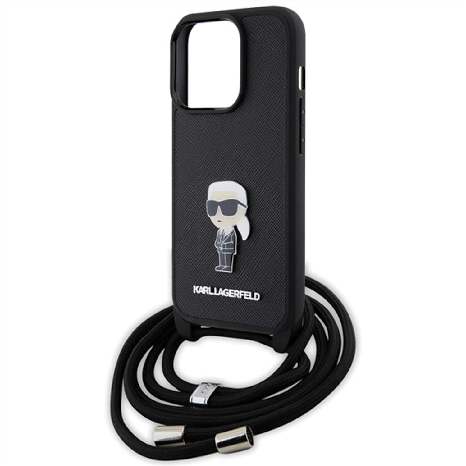 Custodia per telefono nera con personaggio di Karl Lagerfeld e cordino nero attaccato.
