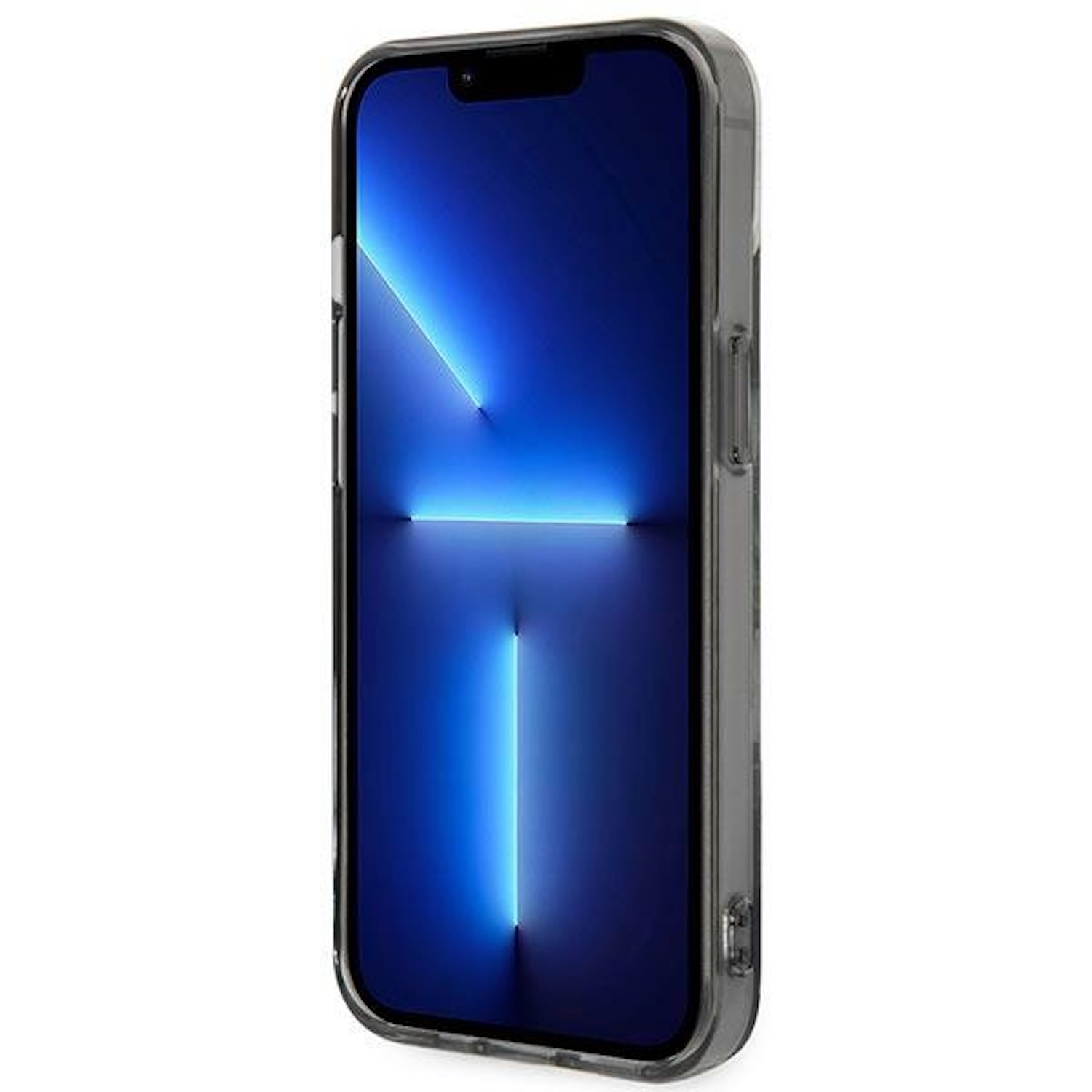 Telefono nero con schermo blu. Custodia trasparente. Sfondo bianco.
