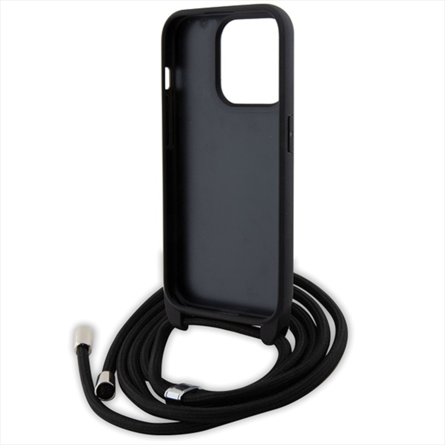 Custodia per telefono nera con un cordino nero.