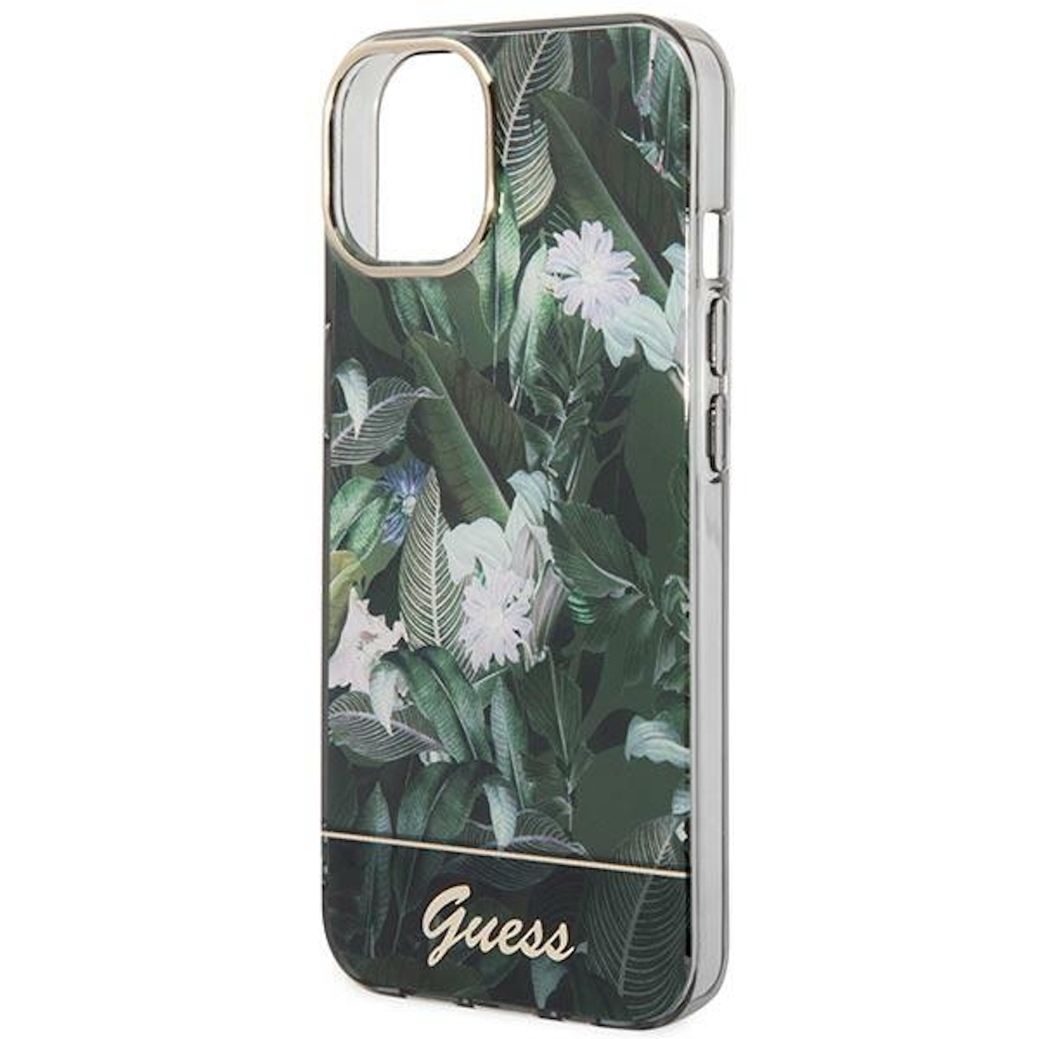 Custodia per telefono floreale verde con marchio Guess. Bordi argentati.