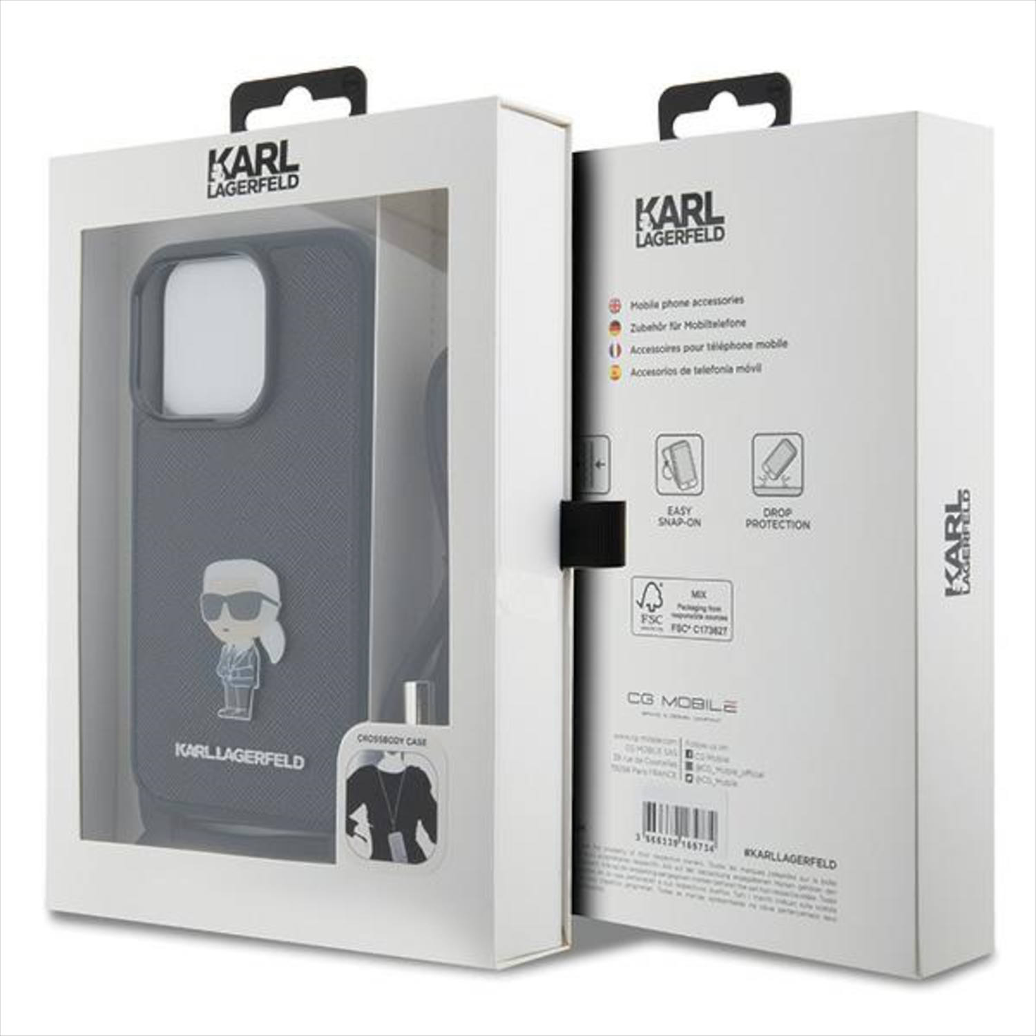 Custodia per telefono in scatola. Marchio Karl Lagerfeld. Custodia nera con figura.