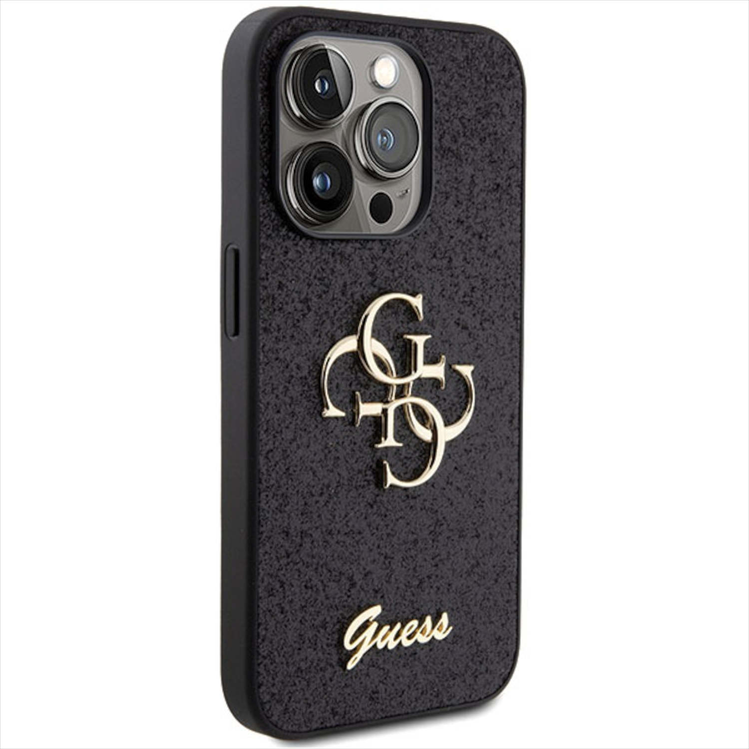 Schwarze Handyhülle mit goldenem Guess-Logo auf strukturierter Oberfläche.