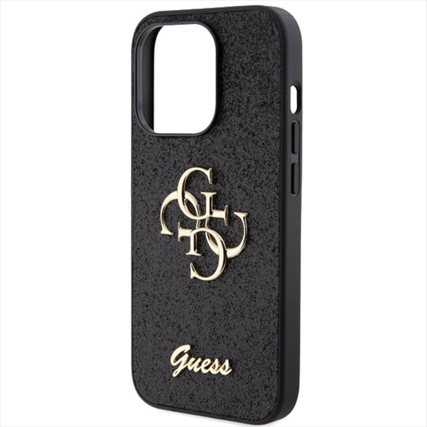 Schwarze Handyhülle mit goldenem Guess-Logo. Das Logo ist das Hauptmerkmal auf der Rückseite.