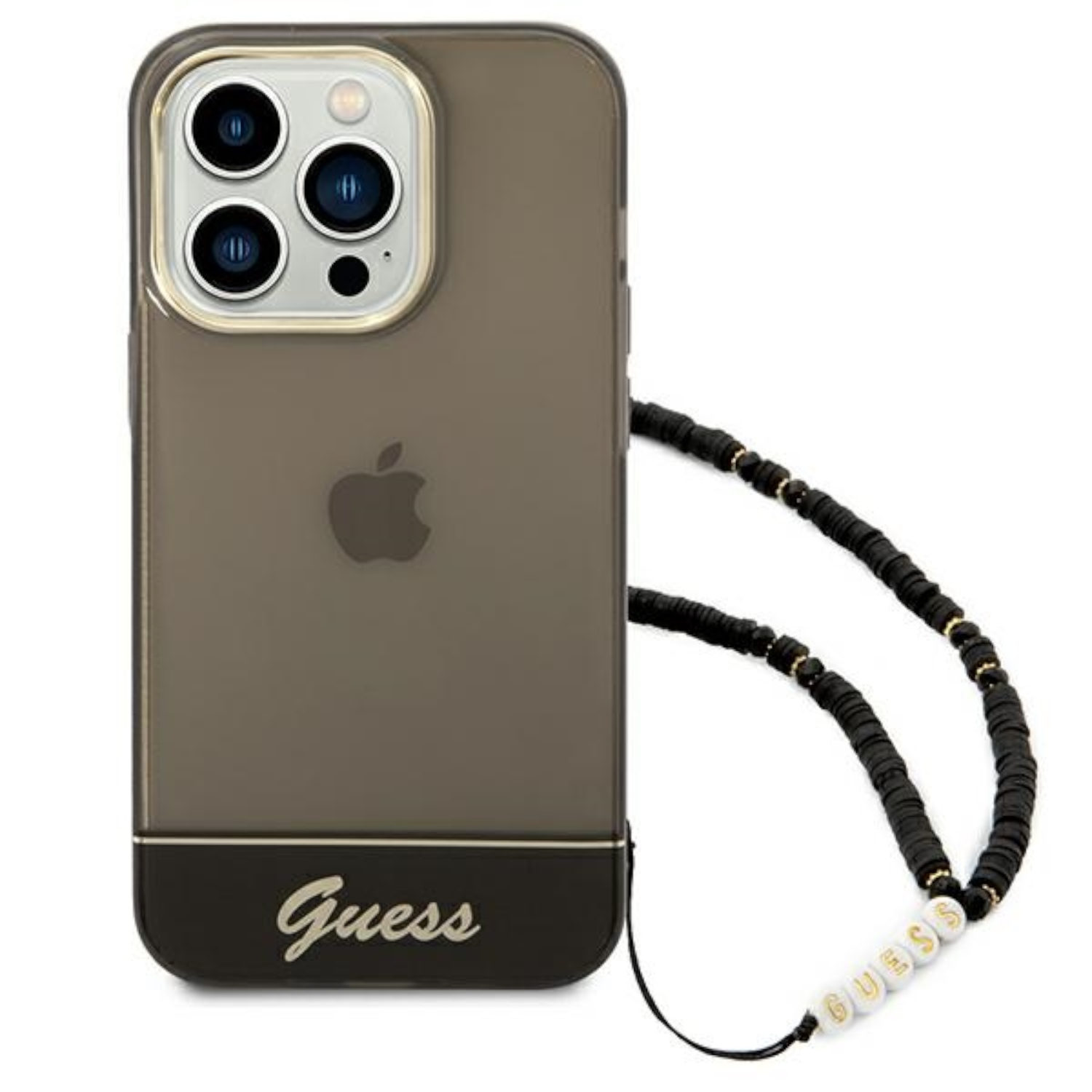 Custodia per telefono con cinturino. Nera con logo Guess dorato e cinturino nero.