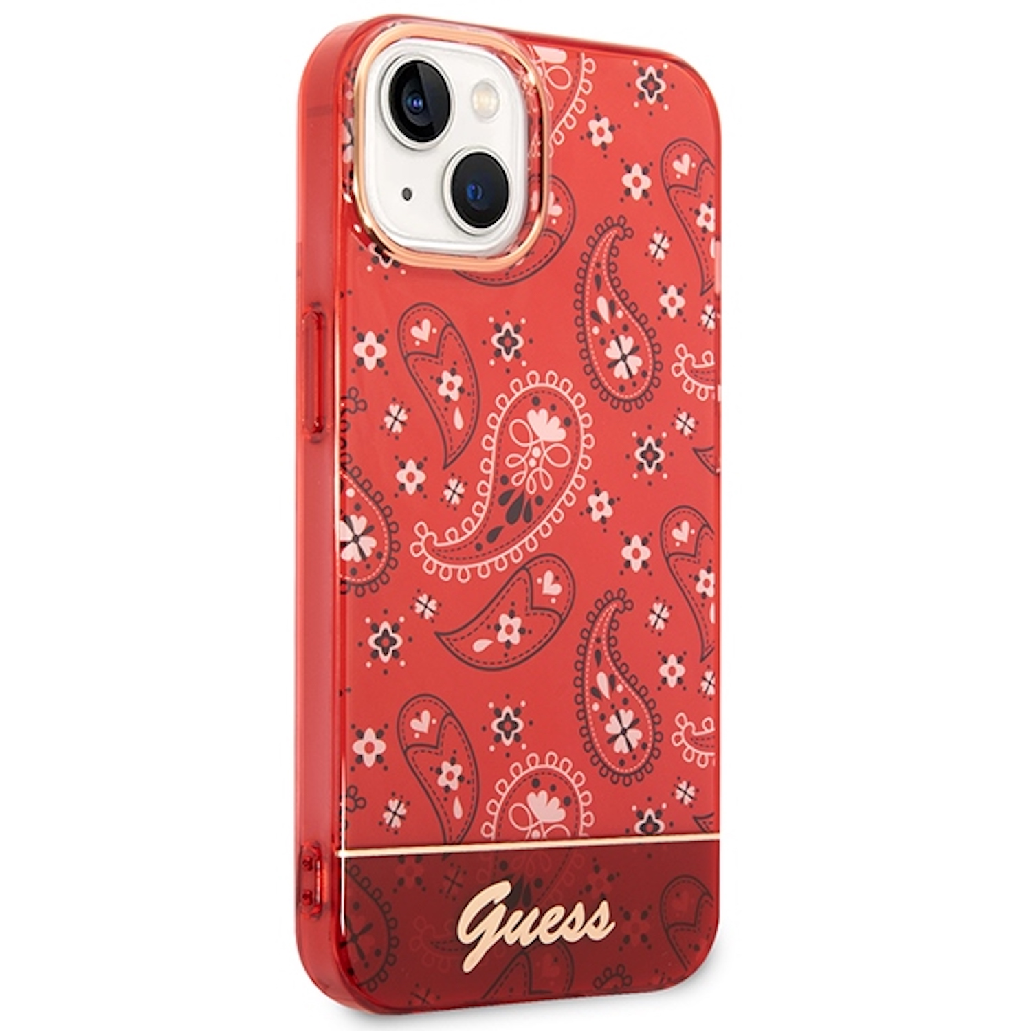 Custodia rossa per telefono con stampa paisley. Logo Guess in basso.