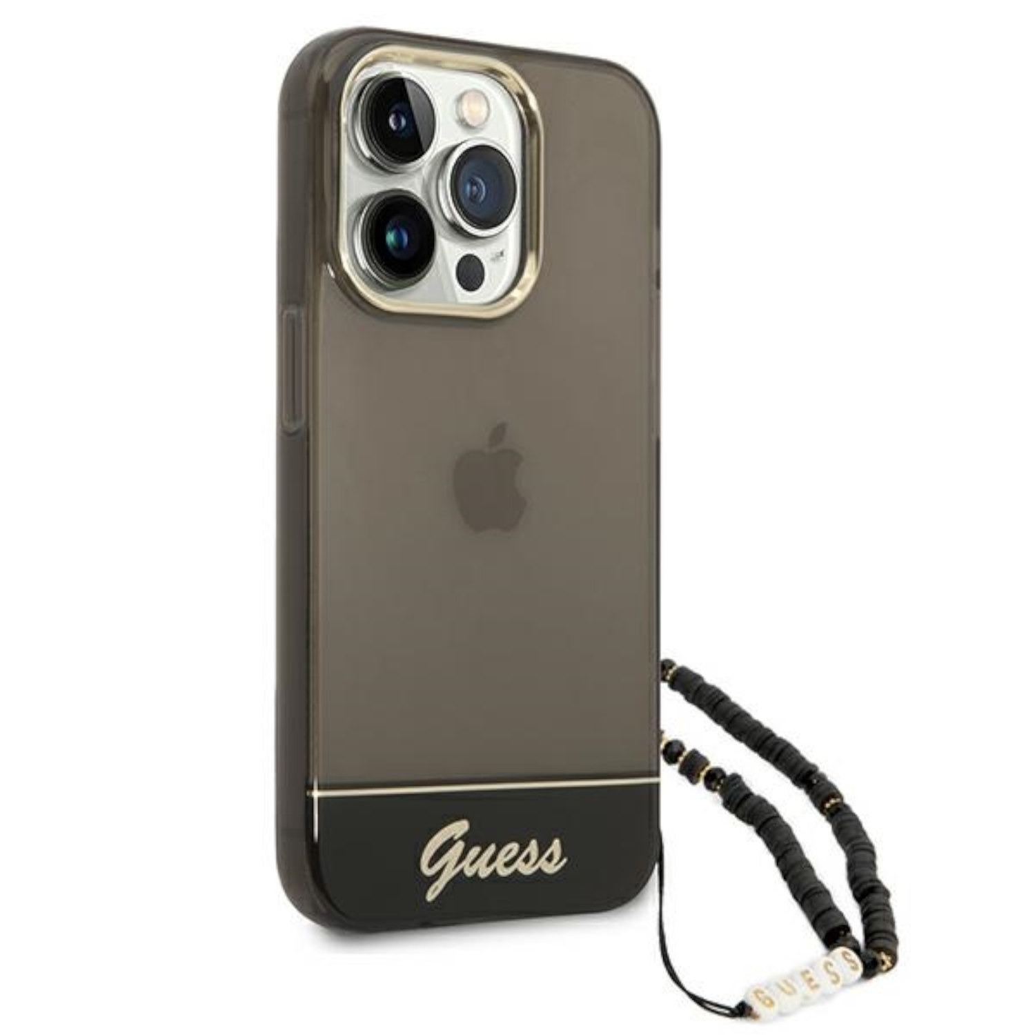 Custodia per telefono nera con logo Guess e cinturino con perline.