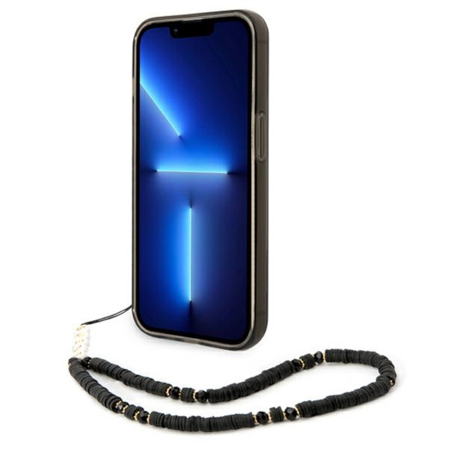 Custodia nera per telefono con cinturino. La custodia è attaccata a un cinturino nero e dorato.