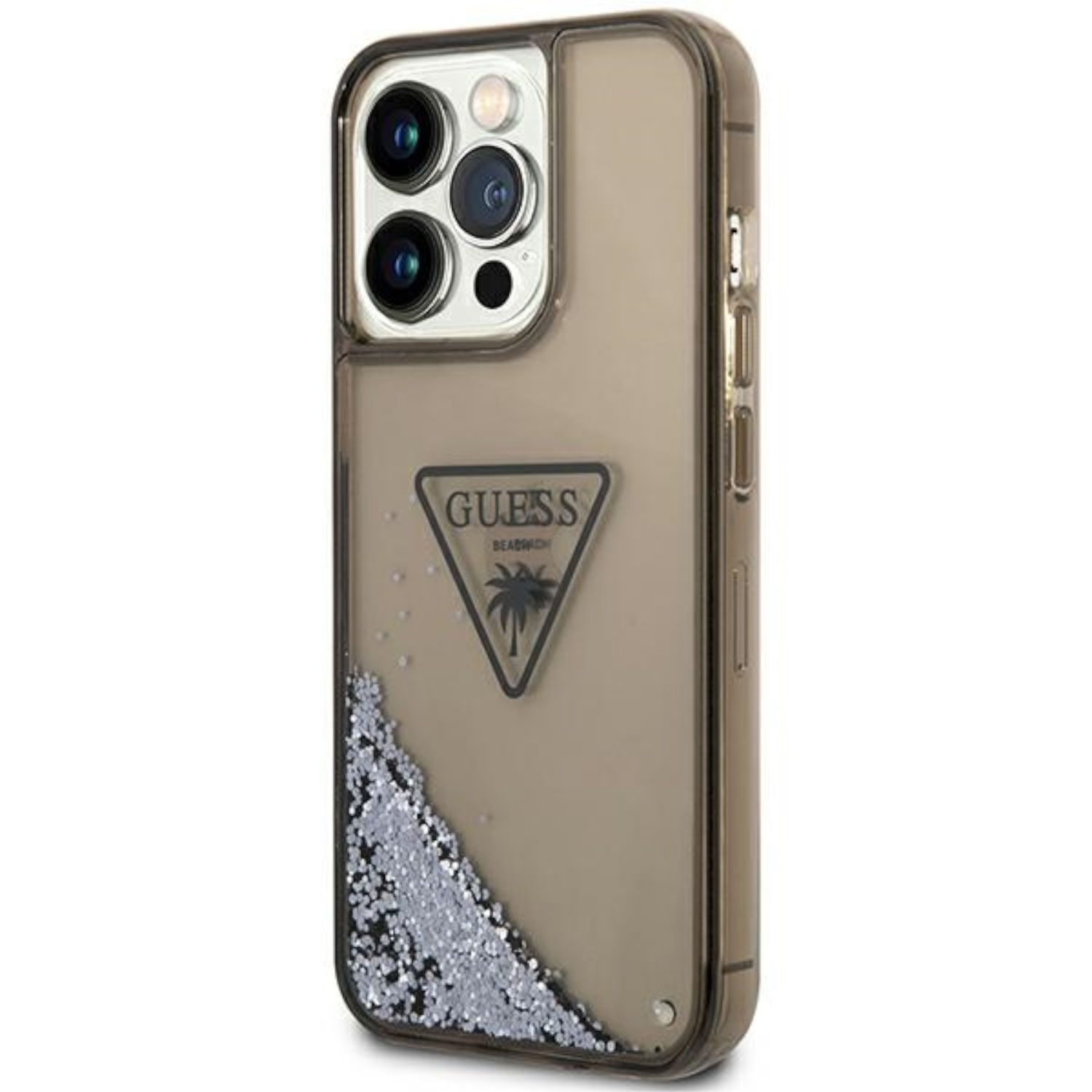 Custodia per telefono, trasparente con glitter. Logo Guess con palma. Custodia brunastra.