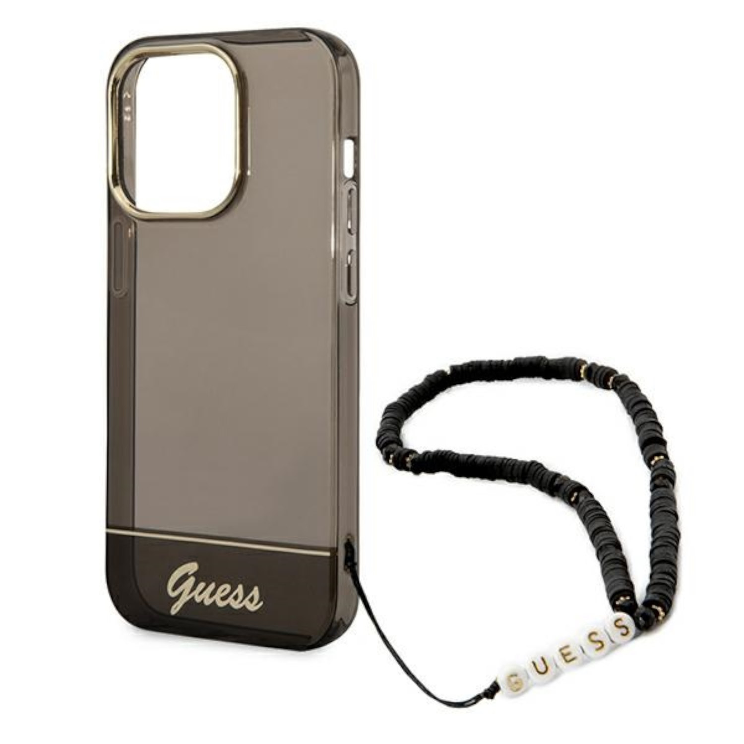 Custodia trasparente con logo Guess nero. Cordino nero con lettere Guess. Cornice dorata.