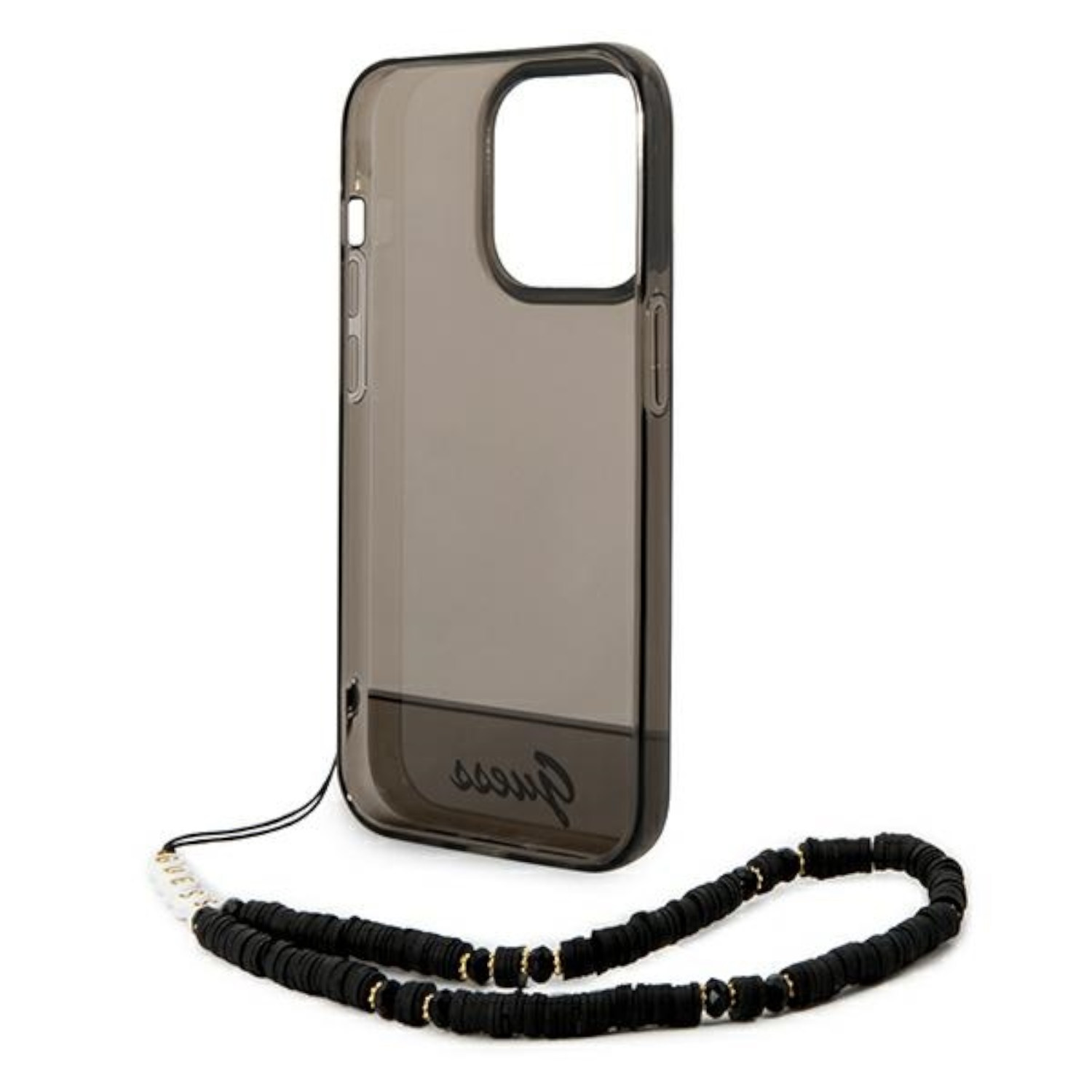 Custodia trasparente con logo Guess nero. Cordino nero con lettere Guess attaccato.