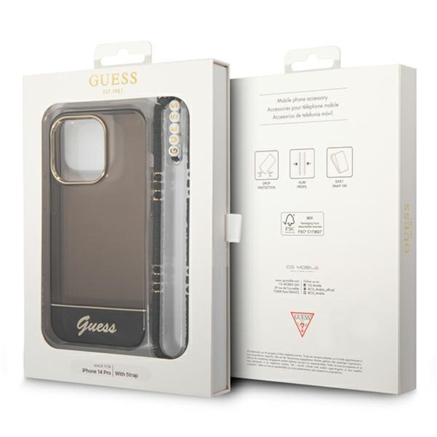 Una custodia per telefono in una scatola, con un telefono e uno stilo. La scatola è bianca con il logo Guess.