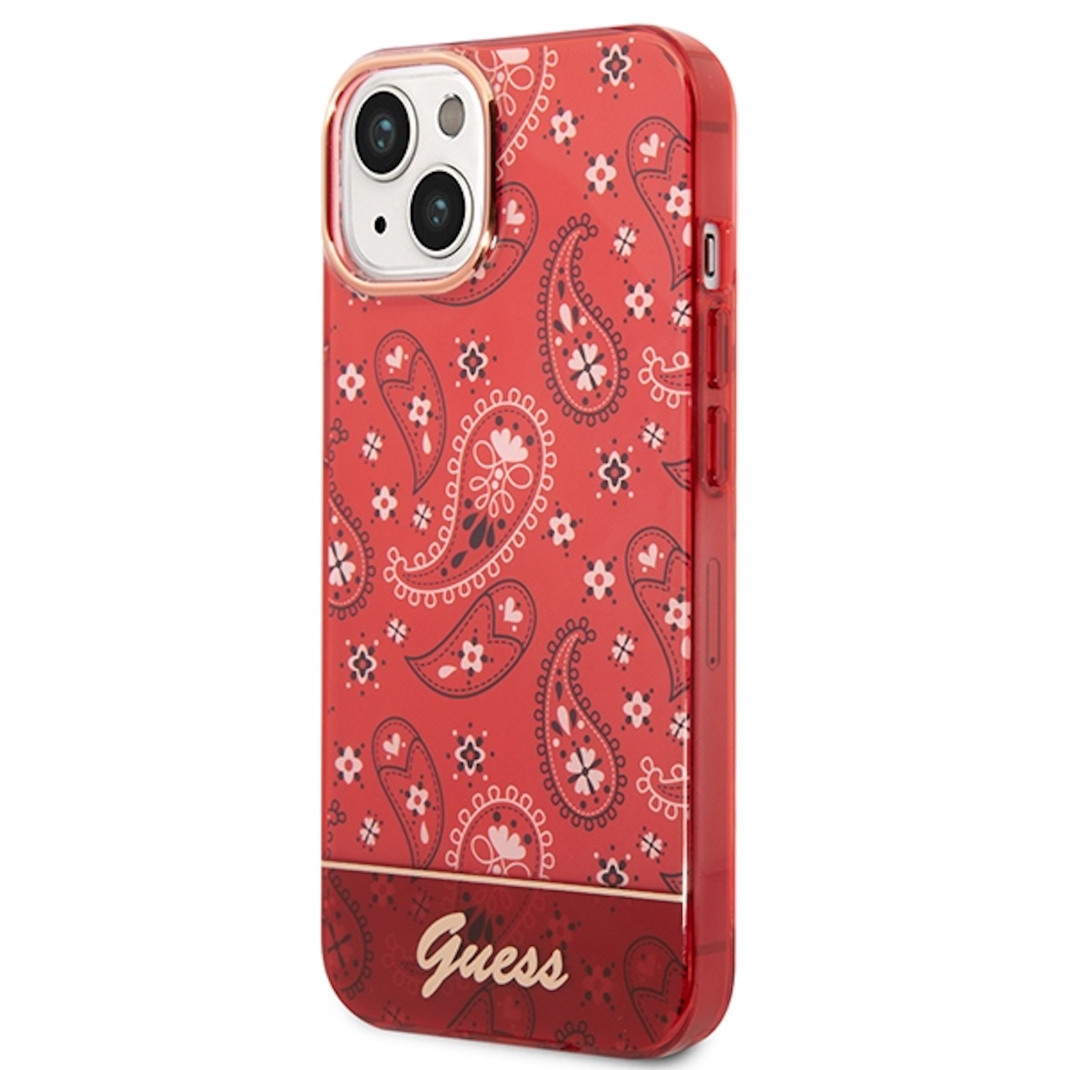 Custodia rossa per telefono con design paisley. Con logo Guess dorato e bordo trasparente.