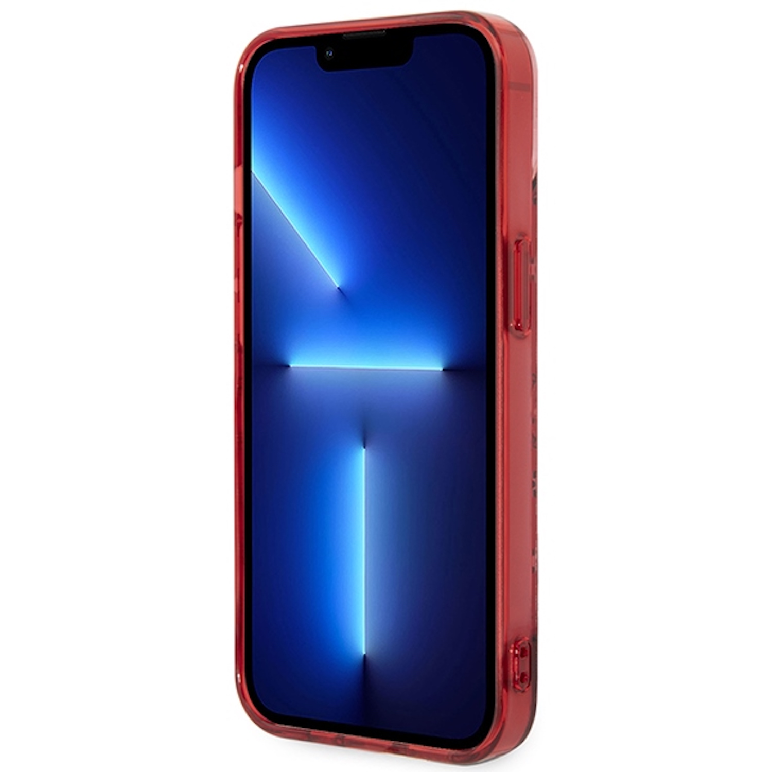 Custodia rossa per telefono con luce blu brillante, su sfondo bianco.