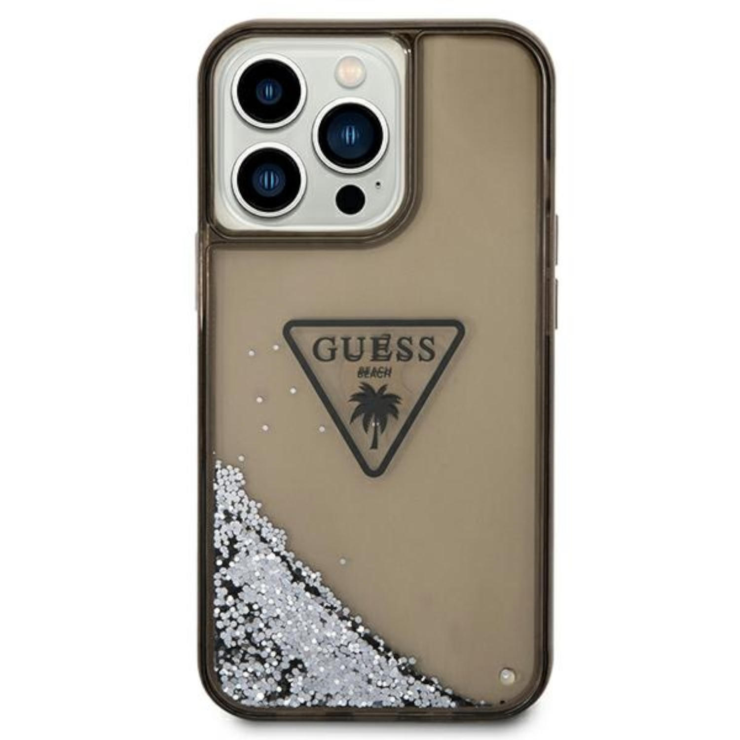 Custodia trasparente, color sabbia, con logo Guess e glitter.