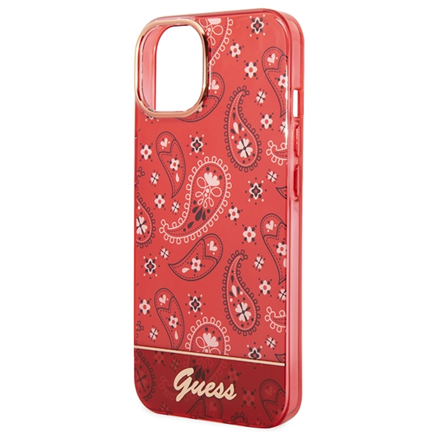 Custodia per telefono rossa con motivo paisley. Logo Guess in basso. Cornice oro rosa.