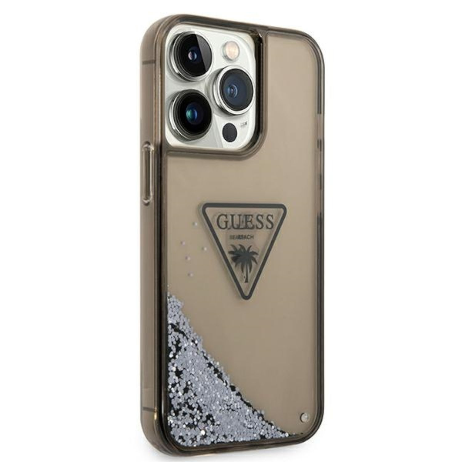 Custodia con logo Guess, glitter e obiettivi della fotocamera. Triangolo nero con logo palma visibile.