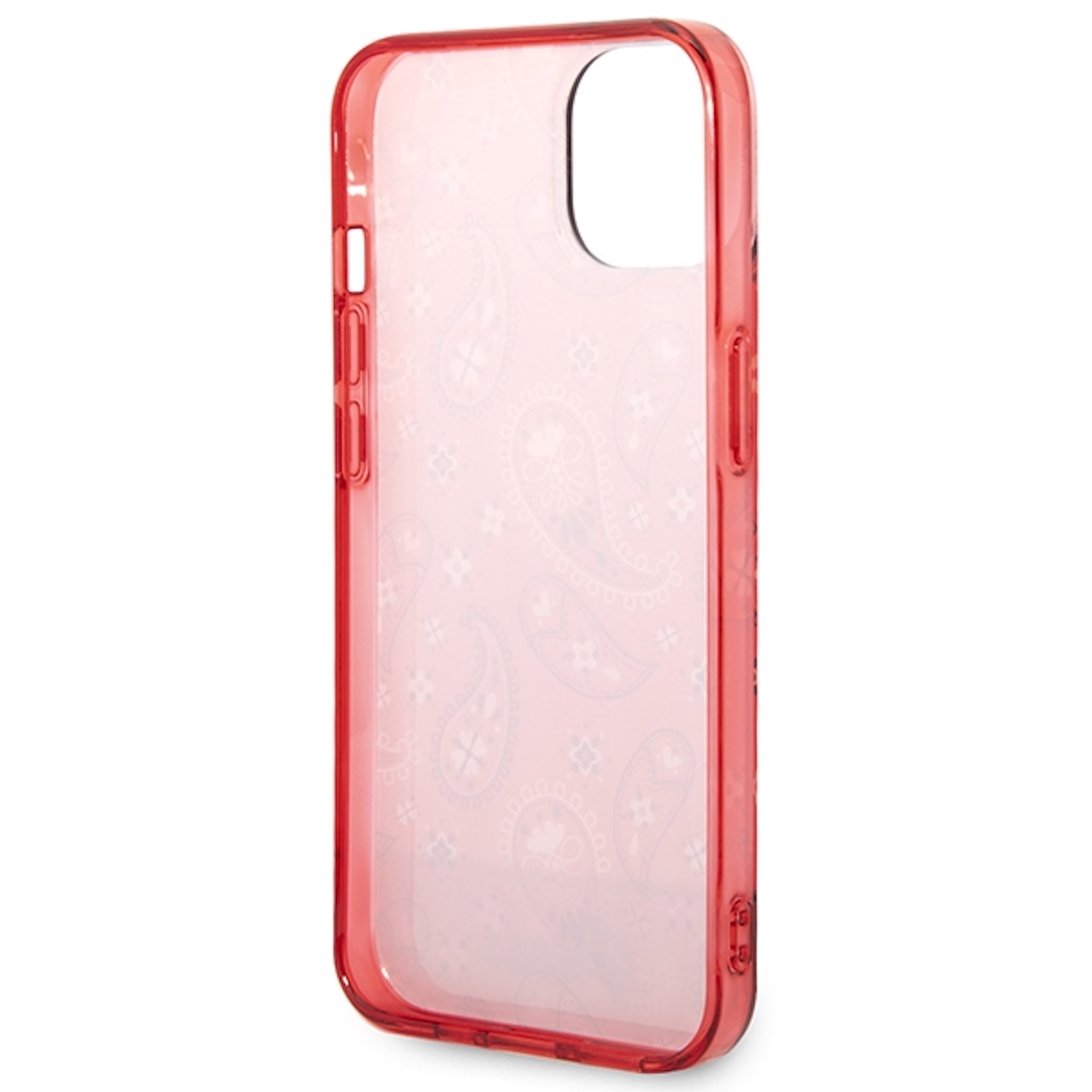 Custodia rossa trasparente con motivo paisley. La custodia ha un telaio rosso e un design paisley.
