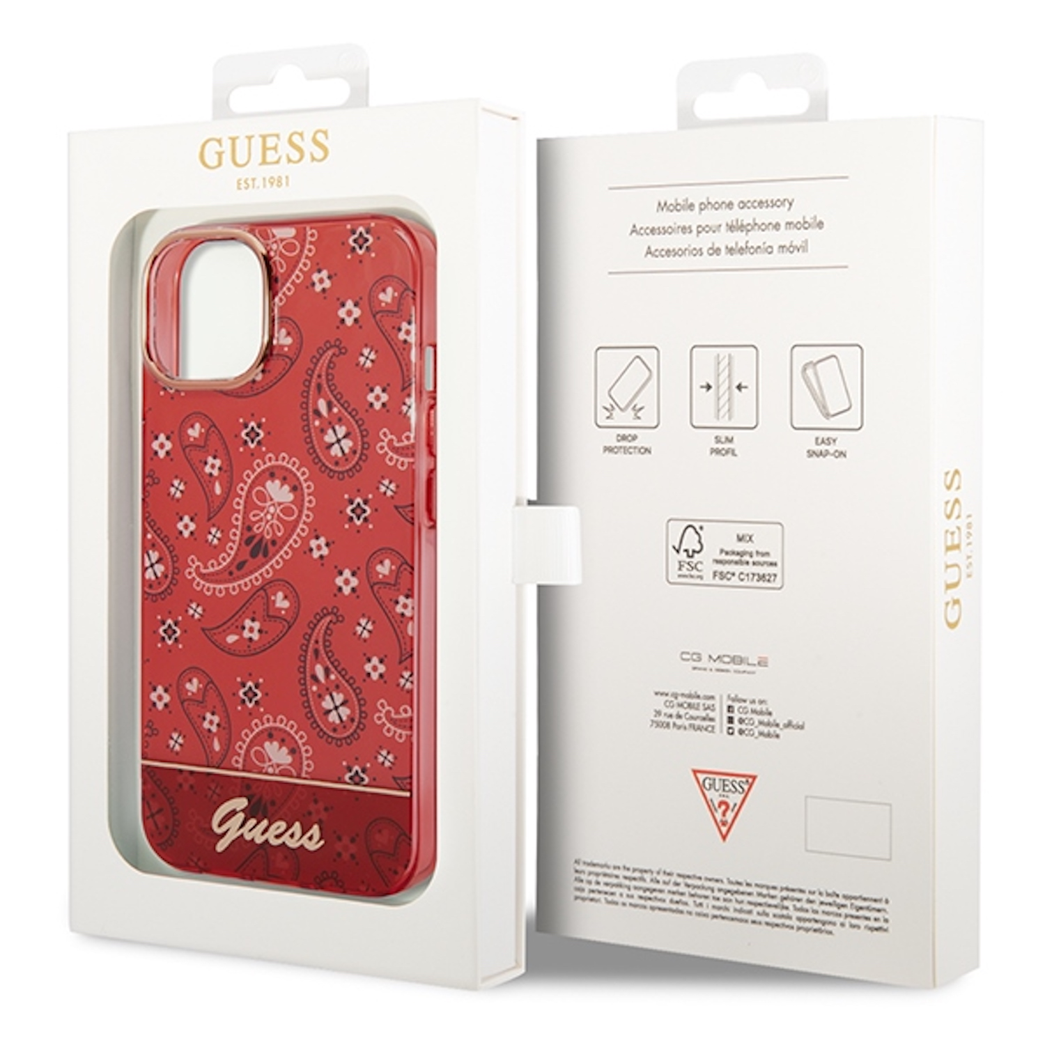 Confezione della custodia con motivo paisley. Custodia rossa con design paisley e logo Guess.