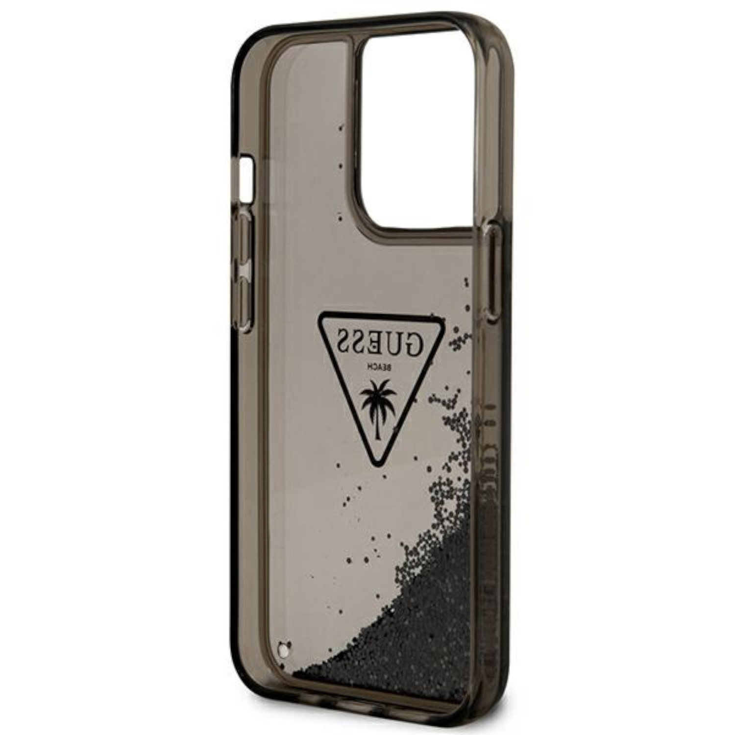Custodia trasparente con glitter neri, logo Guess nero e palma.