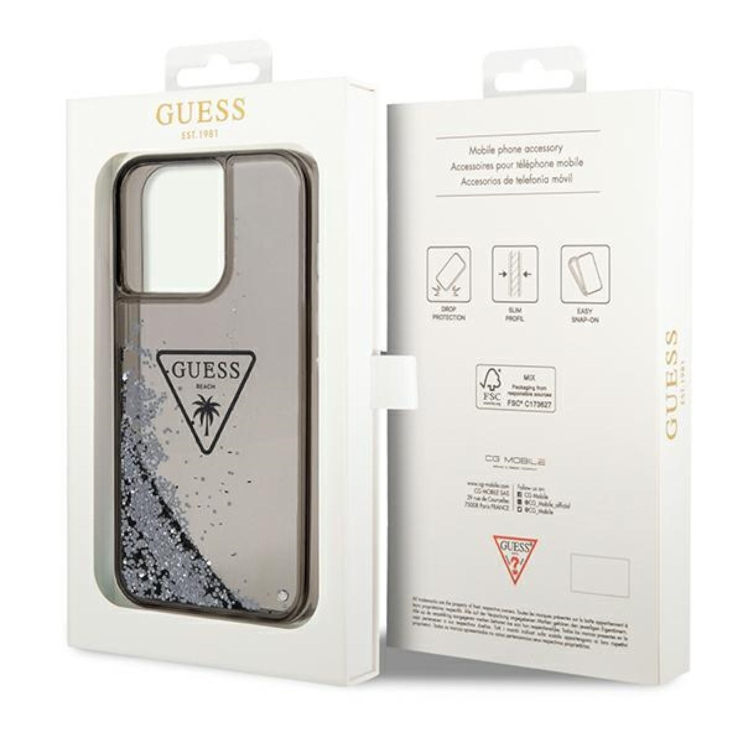 Confezione della custodia del telefono con logo Guess. Scatola bianca con custodia e accessori. Accessorio mobile.