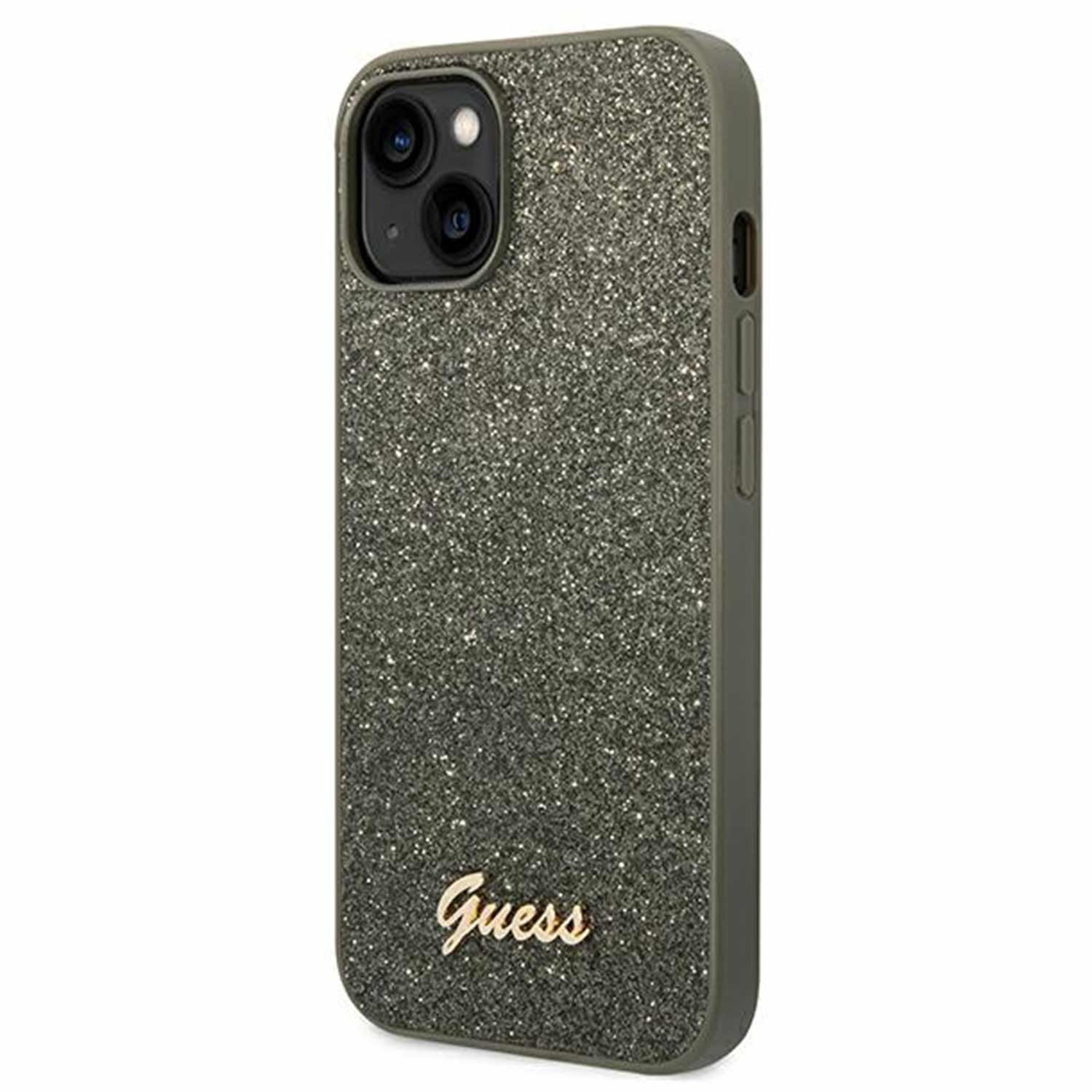 Custodia per telefono verde glitterata per iPhone con doppia fotocamera e logo Guess.