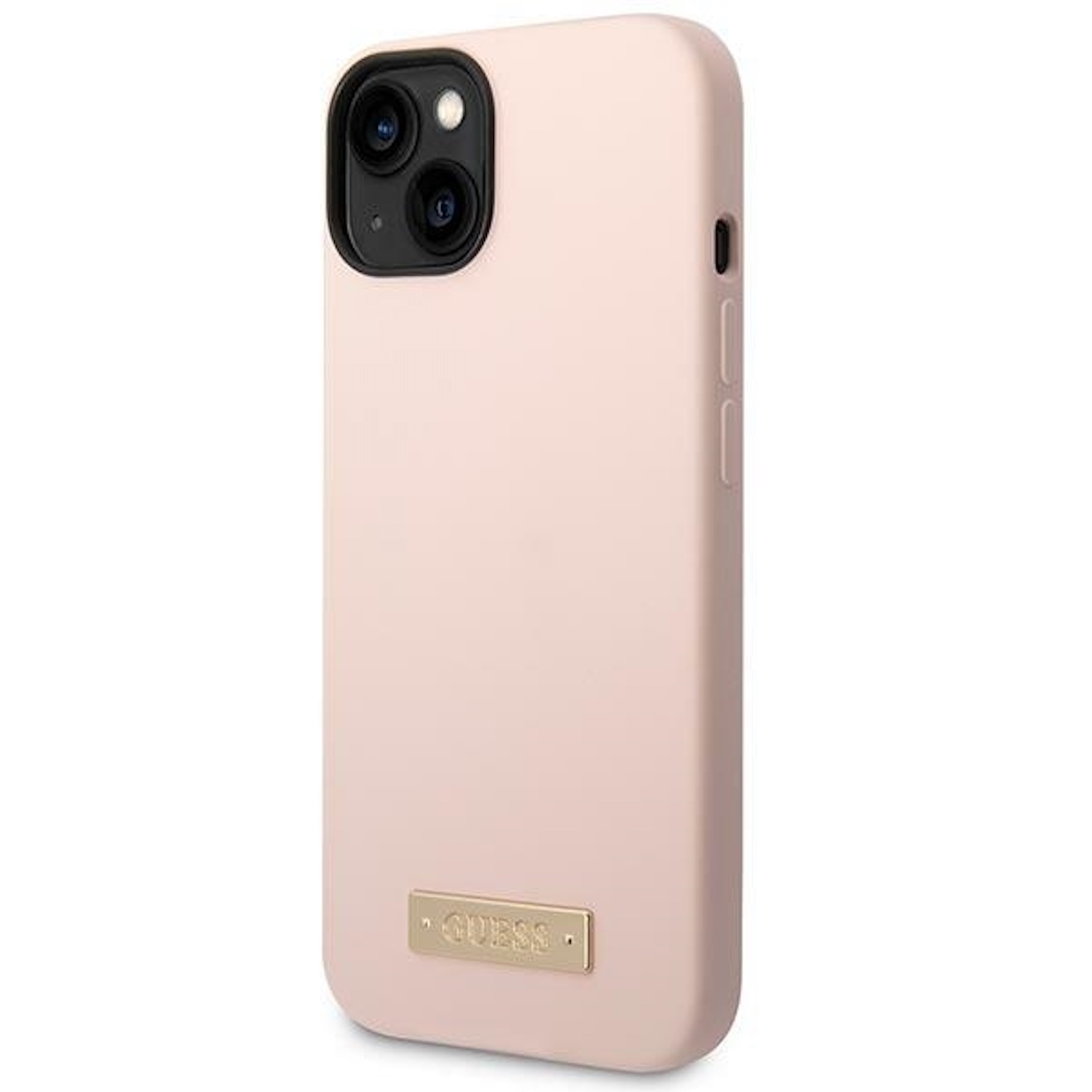 Custodia per telefono rosa con etichetta 'GUESS' dorata, area fotocamera nera e pulsanti neri.