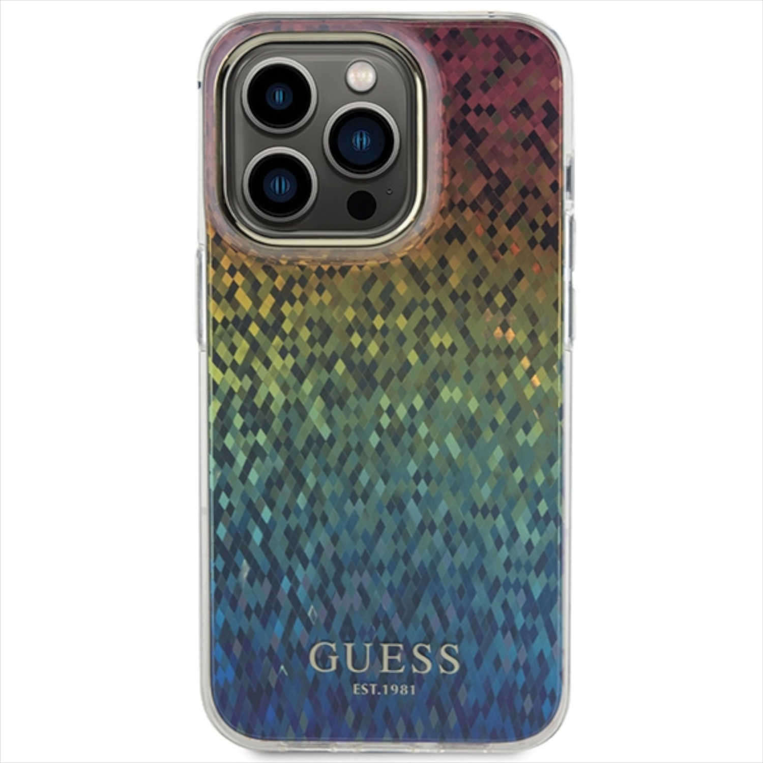Custodia per telefono con motivo geometrico colorato e marchio GUESS.